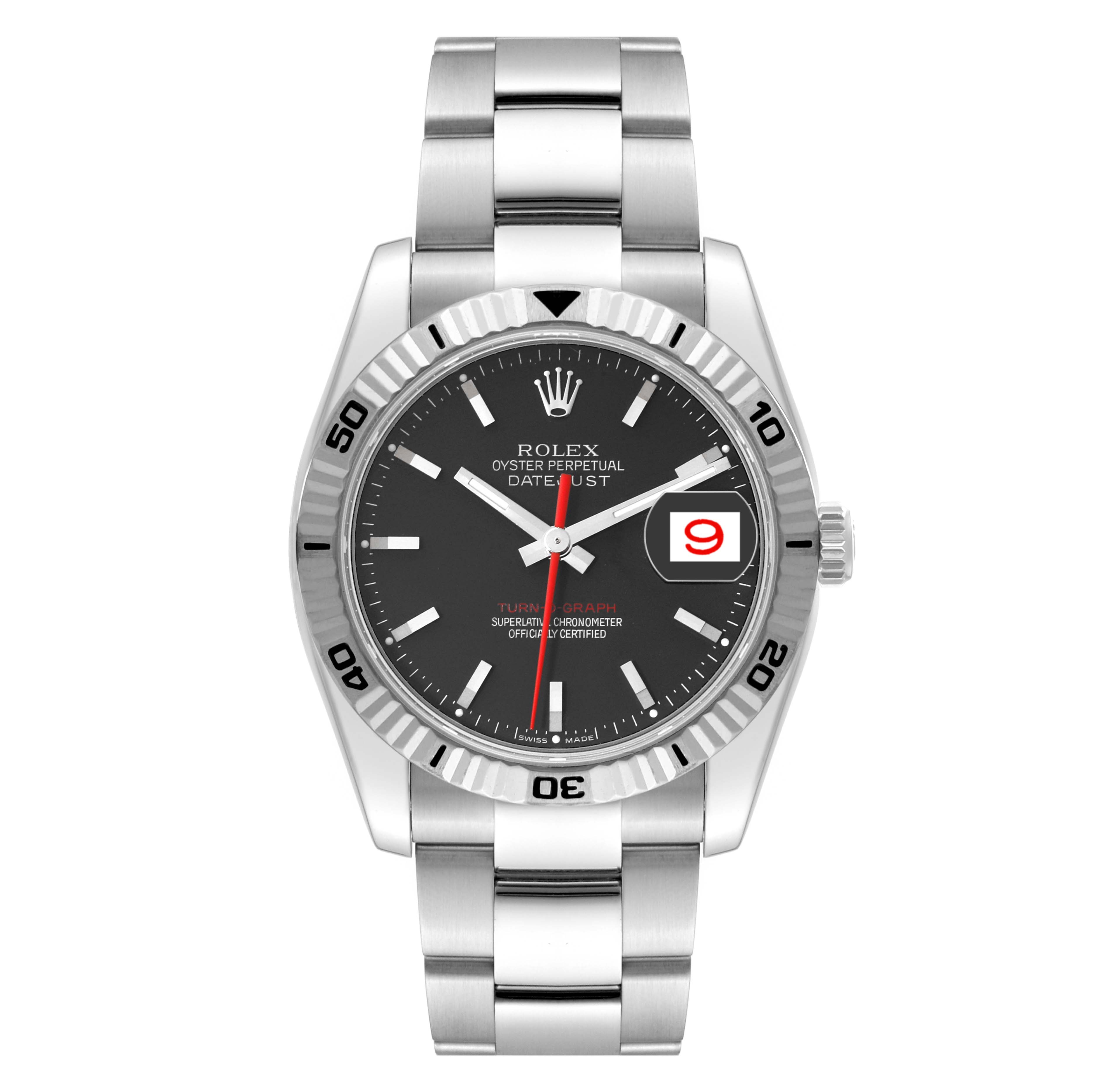 The image shows a Rolex Turn-o-Graph 116264 Men's Stainless Steel Black Dial 116264 Men's Stainless Steel Black Dial Datejust watch from a front angle, displaying the dial, bezel, and bracelet.