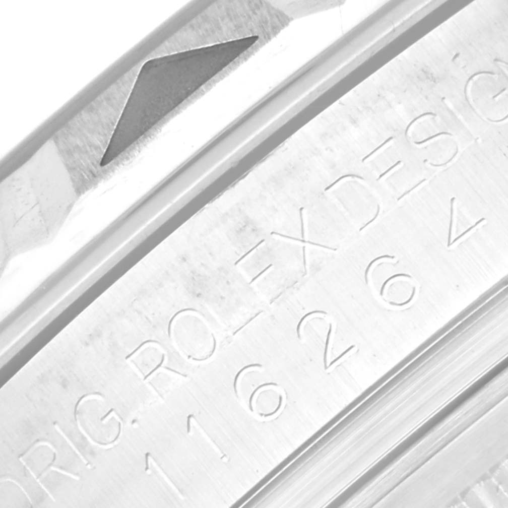 The image shows a close-up of the bezel and engraved model number of a Rolex Turn-o-Graph 116264 Men's Stainless Steel Black Dial 116264 Men's Stainless Steel Black Dial watch.