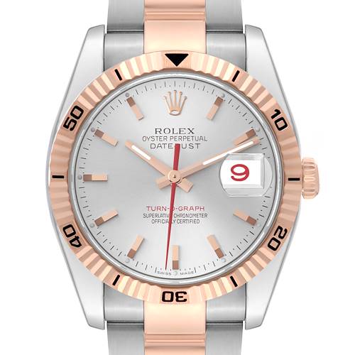 The Rolex Turn-o-Graph is shown from a front angle, highlighting the dial, bezel, crown, and part of the bracelet.