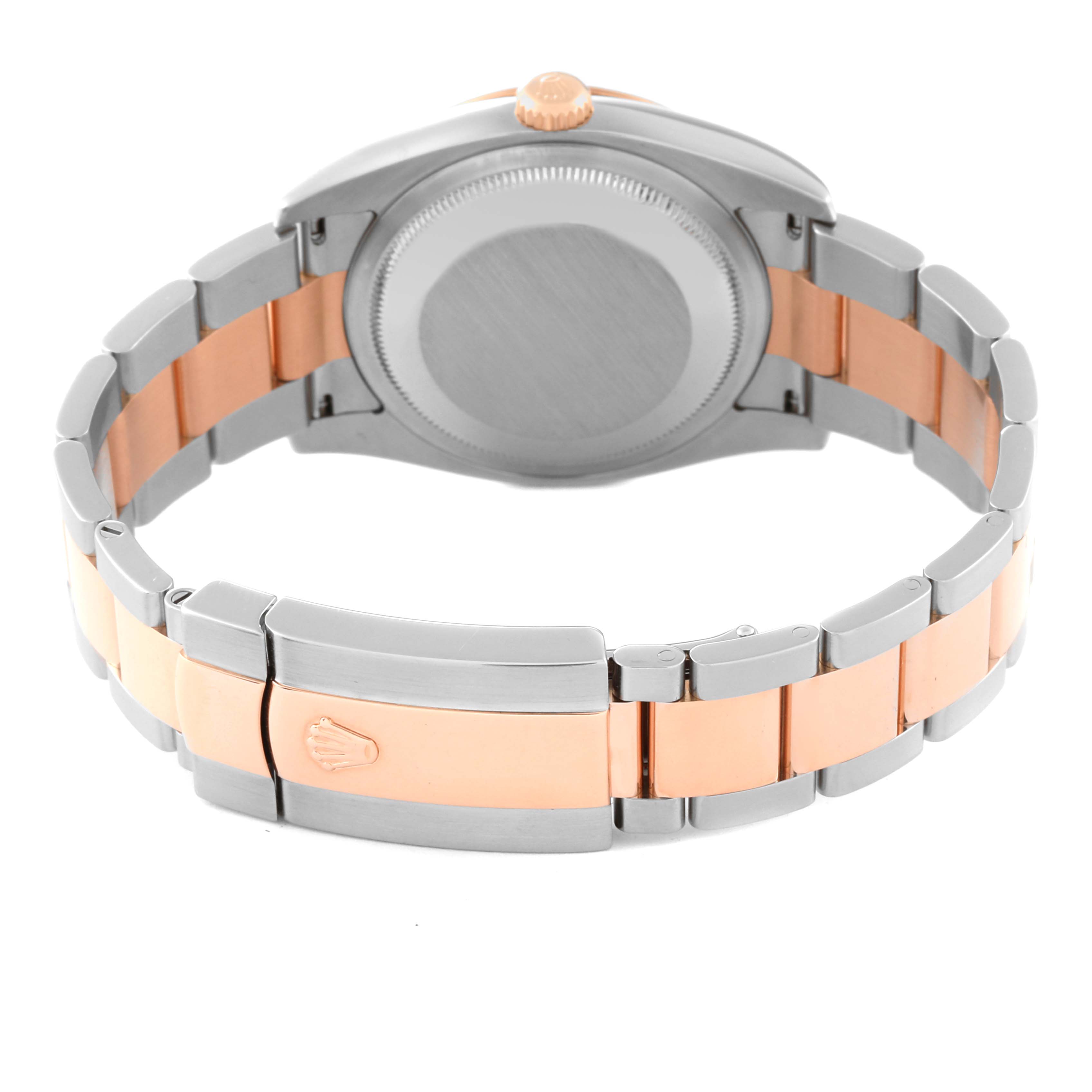 The image shows the back of the Rolex Turn-o-Graph 116261 Men
s Steel and Gold (two tone) Silver Dial 116261 Men
s Steel and Gold (two tone) Silver Dial watch, focusing on the bracelet and clasp with the crown logo.