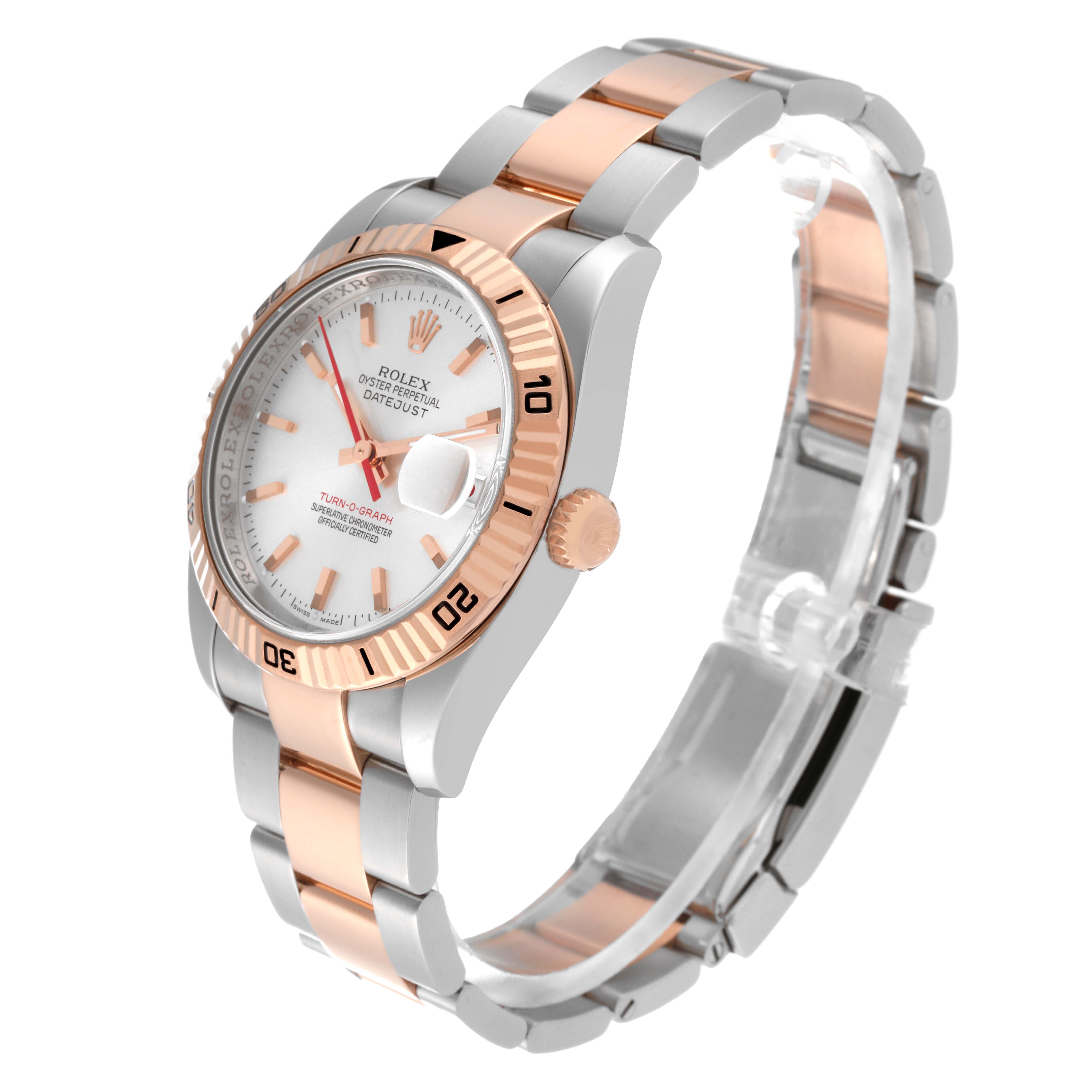 The Rolex Turn-o-Graph 116261 Men
s Steel and Gold (two tone) Silver Dial 116261 Men
s Steel and Gold (two tone) Silver Dial watch is shown from a three-quarter angle, highlighting the dial, rose gold bezel, and bracelet.