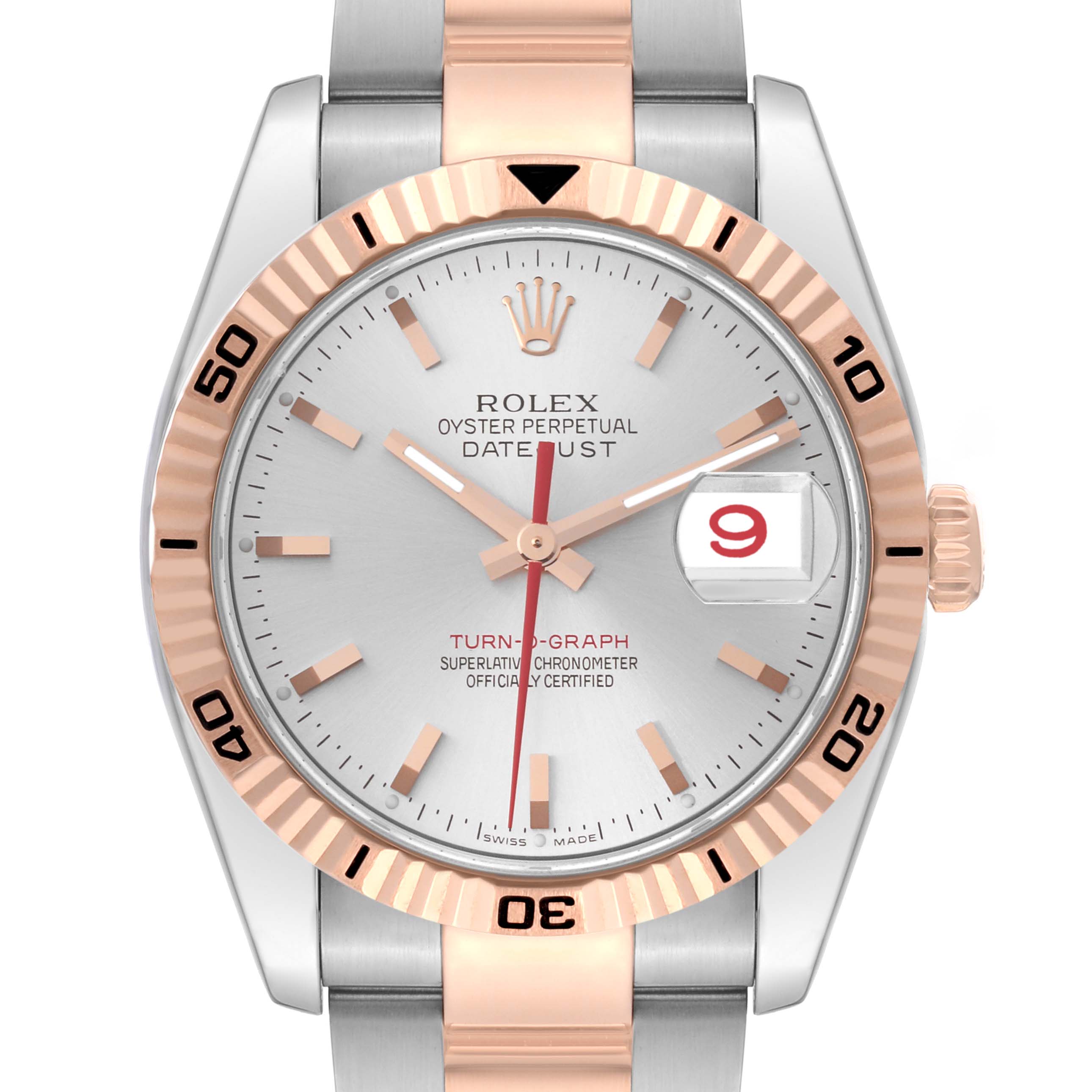 The Rolex Turn-o-Graph 116261 Men
s Steel and Gold (two tone) Silver Dial 116261 Men
s Steel and Gold (two tone) Silver Dial model is shown from the front, displaying the face, bezel, crown, and part of the bracelet.