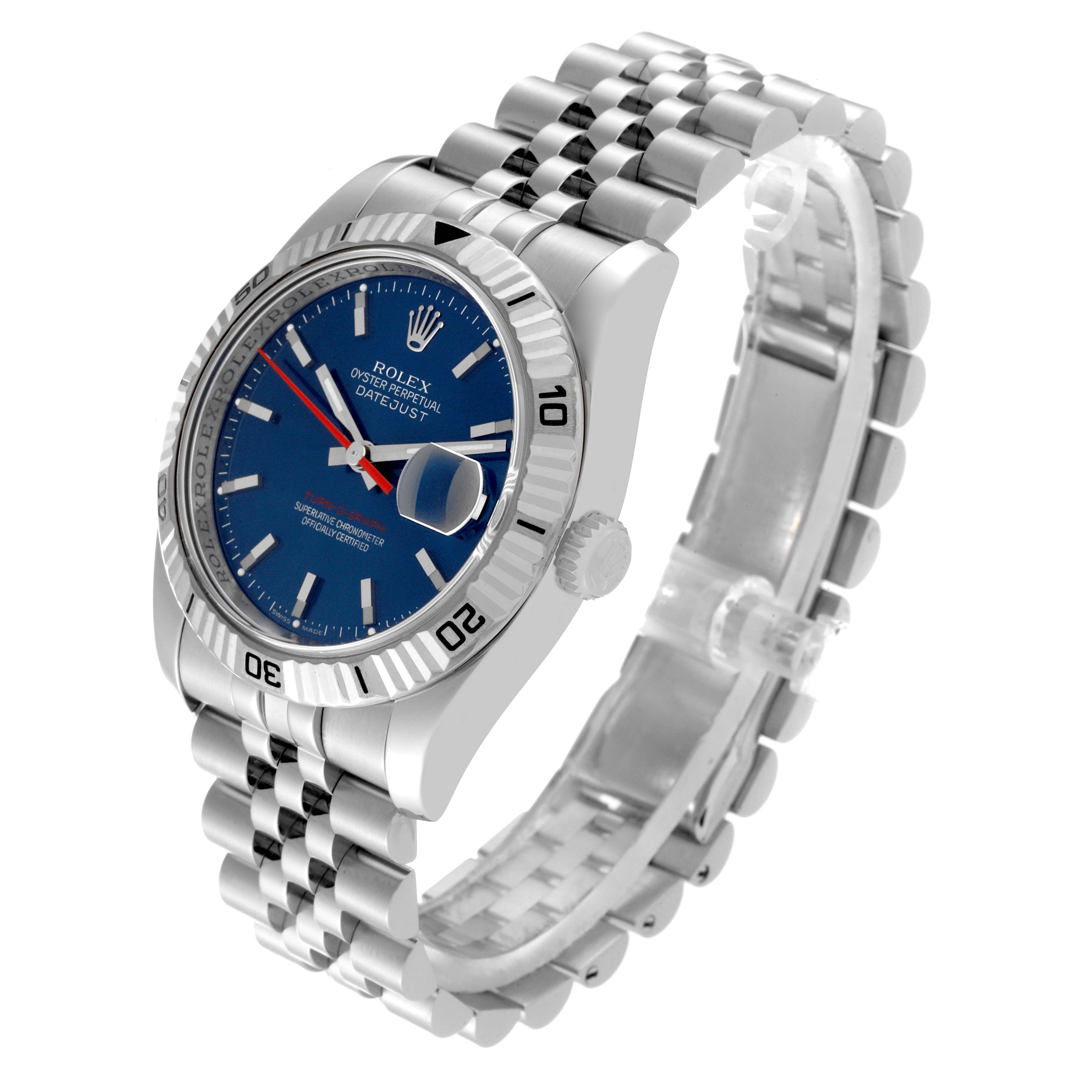 The Rolex Datejust 116264 Men's Stainless Steel Blue Dial 116264 Men's Stainless Steel Blue Dial watch is shown at a slight angle, featuring its blue dial, fluted bezel, and Jubilee bracelet.