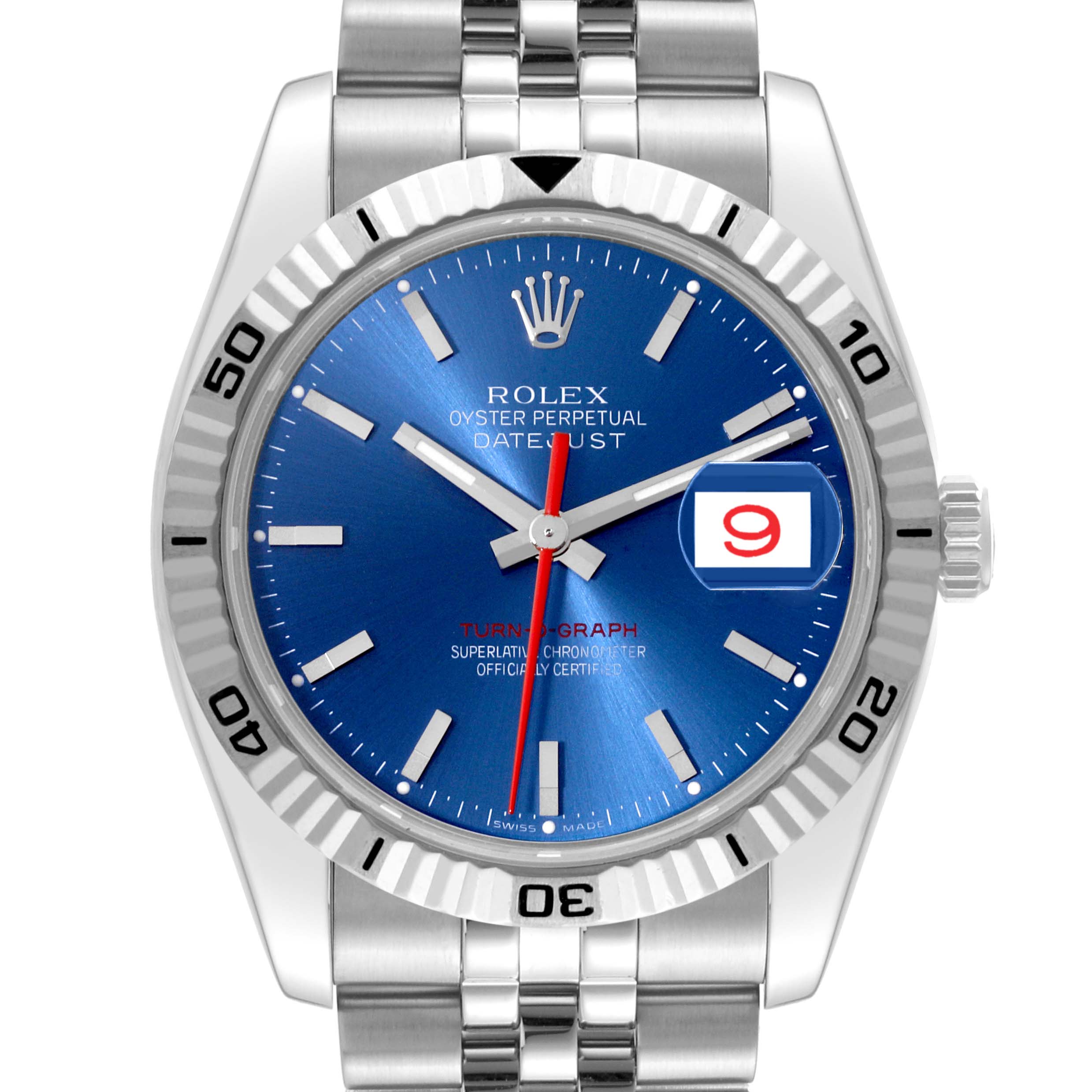 This Rolex Datejust 116264 Men's Stainless Steel Blue Dial 116264 Men's Stainless Steel Blue Dial watch is shown from the front, displaying the dial, hands, bezel, crown, and part of the bracelet.