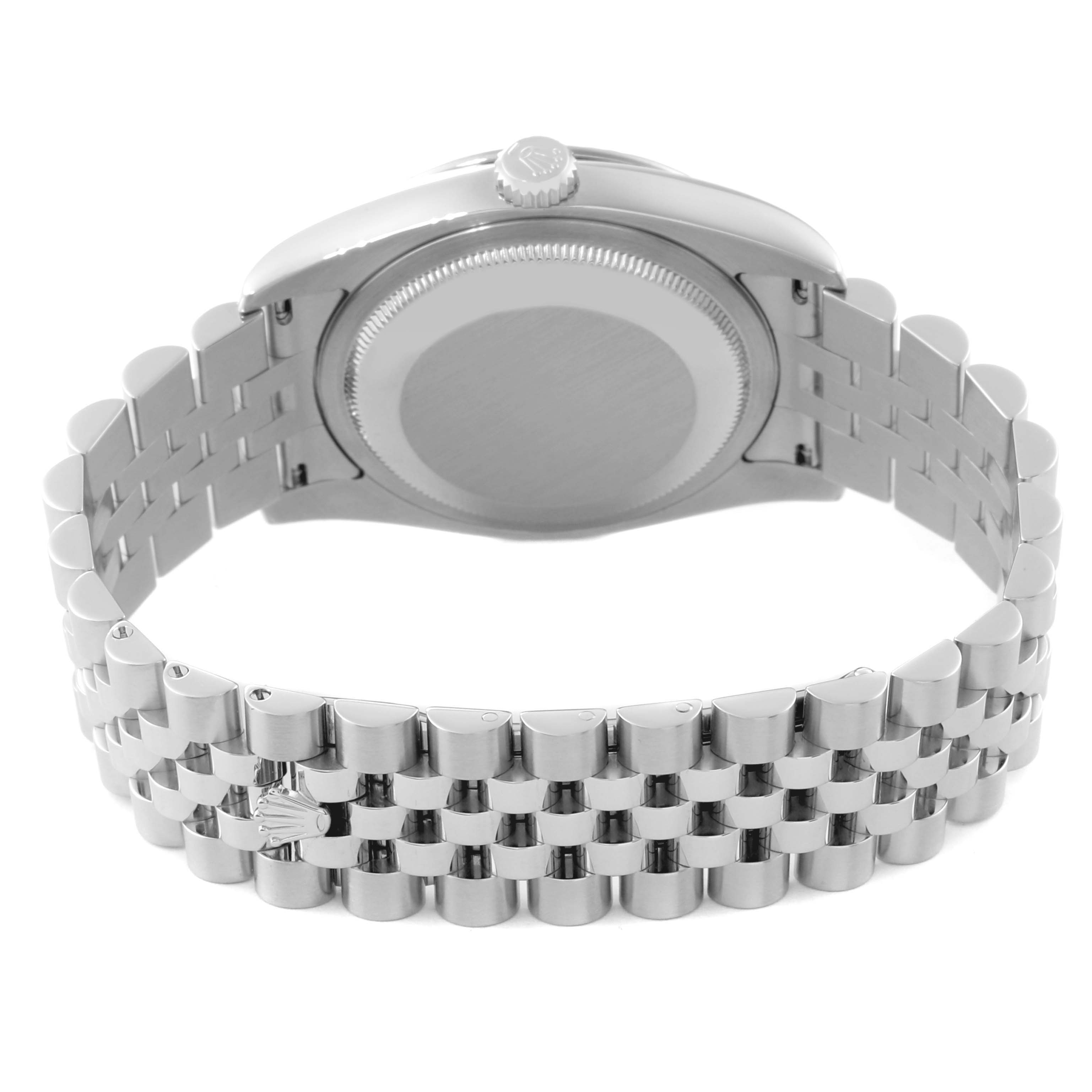 The image shows the back of a Rolex Datejust 116264 Men's Stainless Steel Blue Dial 116264 Men's Stainless Steel Blue Dial watch, highlighting the case back and the Jubilee bracelet.