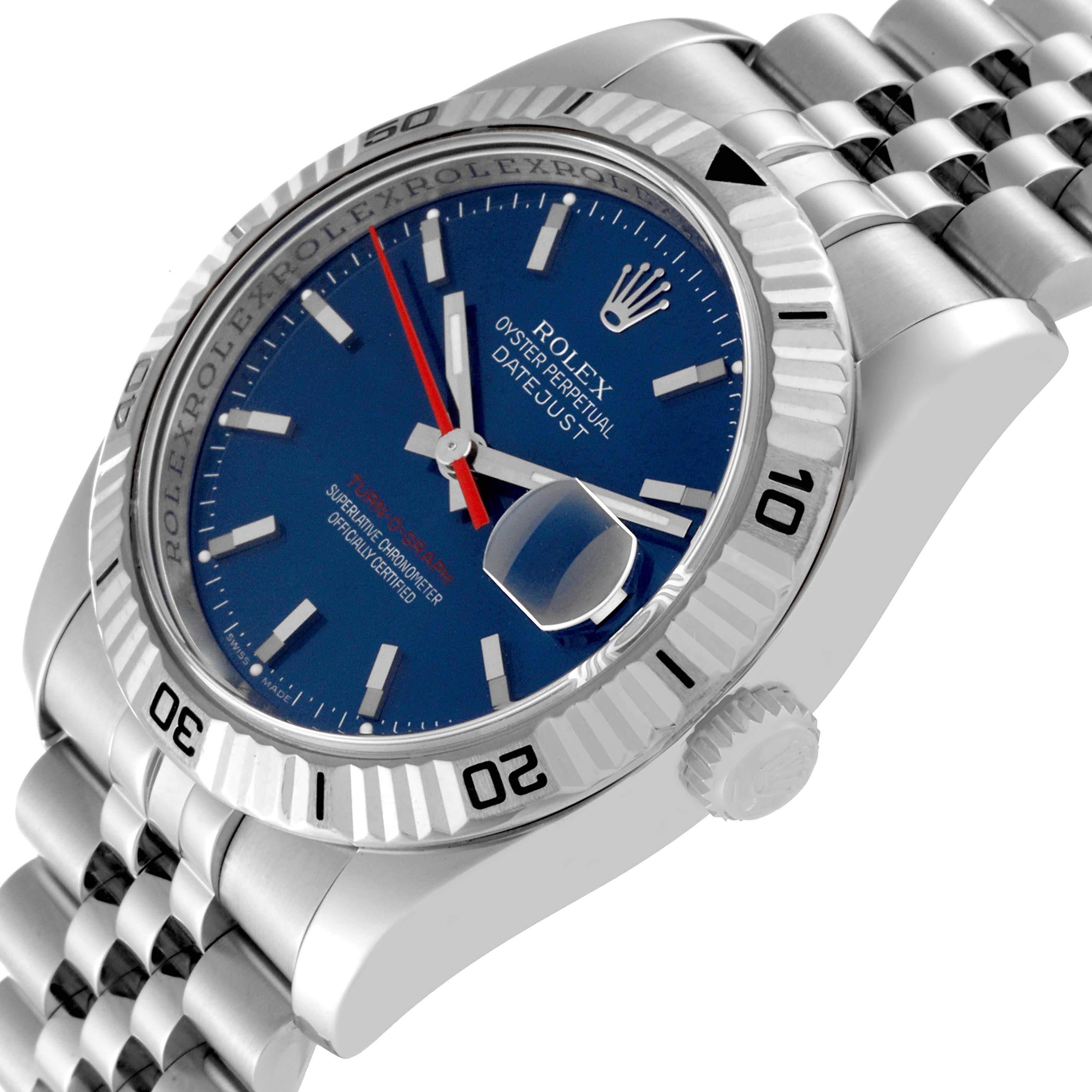 The image shows a close-up angle of a Rolex Datejust 116264 Men's Stainless Steel Blue Dial 116264 Men's Stainless Steel Blue Dial watch, highlighting the dial, bezel, and part of the bracelet.