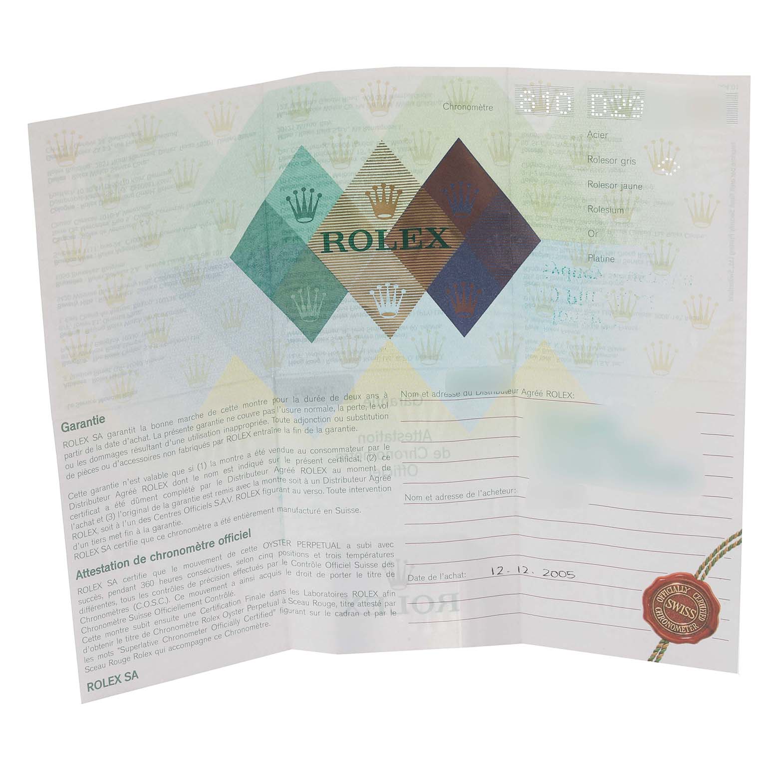 This image shows the warranty certificate and chronometer certification for a Rolex Datejust 116264 Men's Stainless Steel Blue Dial 116264 Men's Stainless Steel Blue Dial watch.