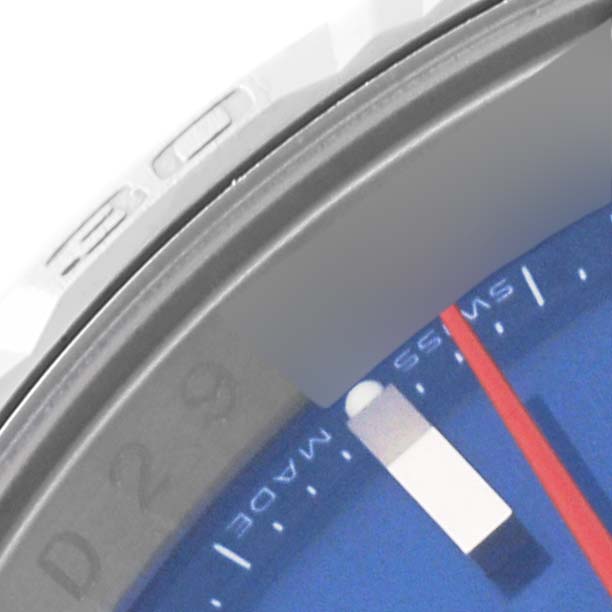 The image shows a close-up of the bezel and dial of a Rolex Datejust 116264 Men's Stainless Steel Blue Dial 116264 Men's Stainless Steel Blue Dial watch.