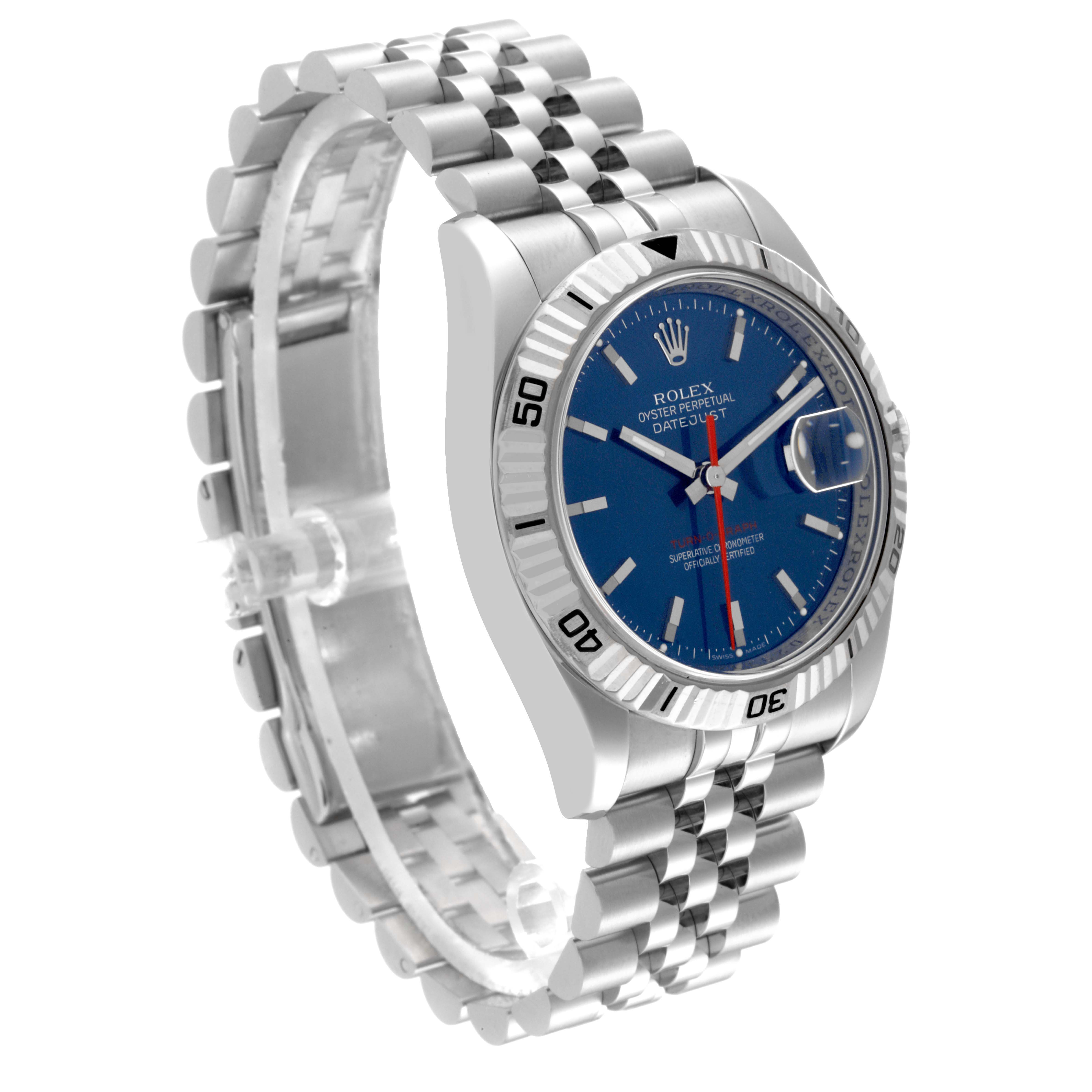 This image shows a Rolex Datejust 116264 Men's Stainless Steel Blue Dial 116264 Men's Stainless Steel Blue Dial watch at a slight side angle, highlighting its blue dial, fluted bezel, and jubilee bracelet.