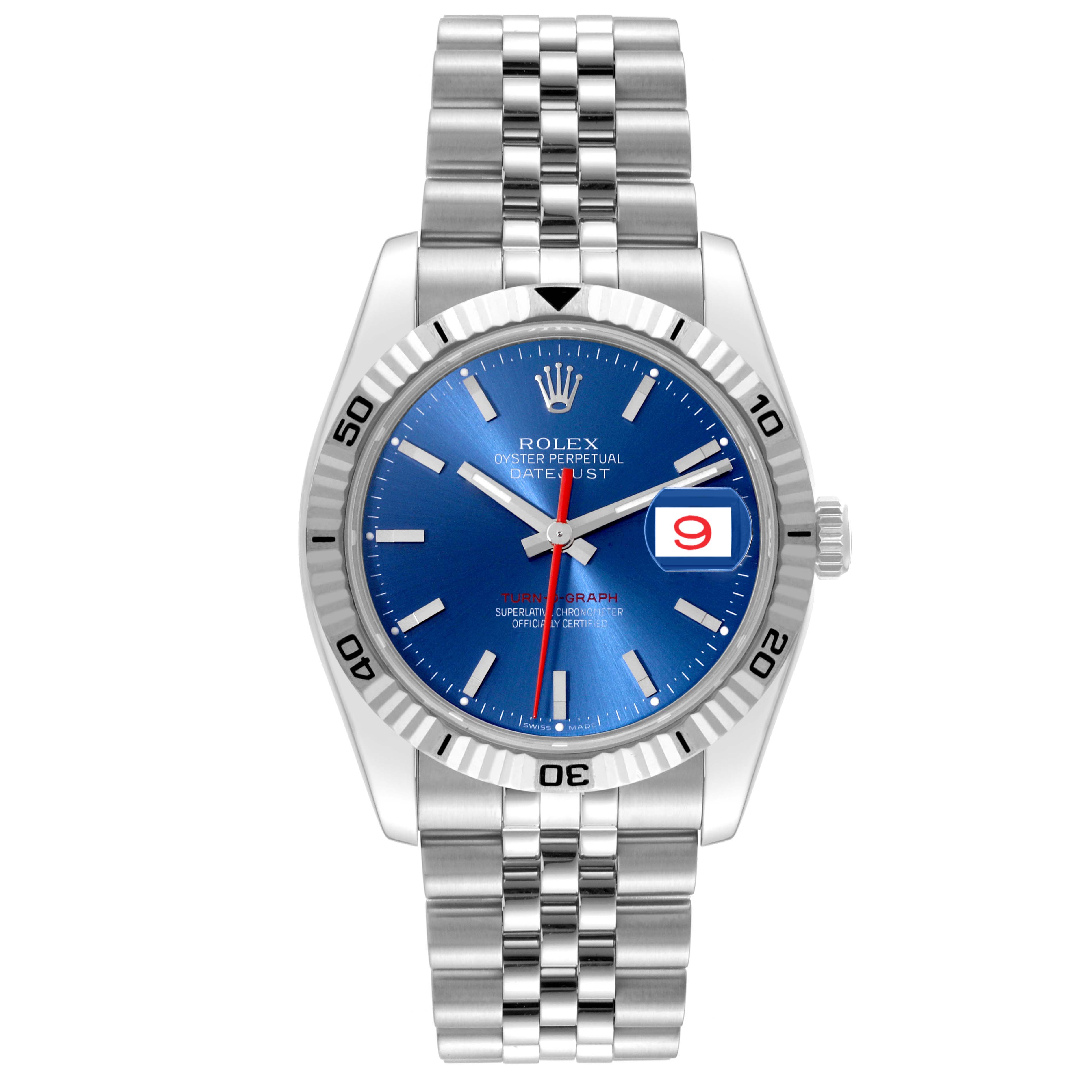 This Rolex Datejust 116264 Men's Stainless Steel Blue Dial 116264 Men's Stainless Steel Blue Dial watch is shown from the front angle, highlighting the blue dial, bezel, bracelet, and date display.