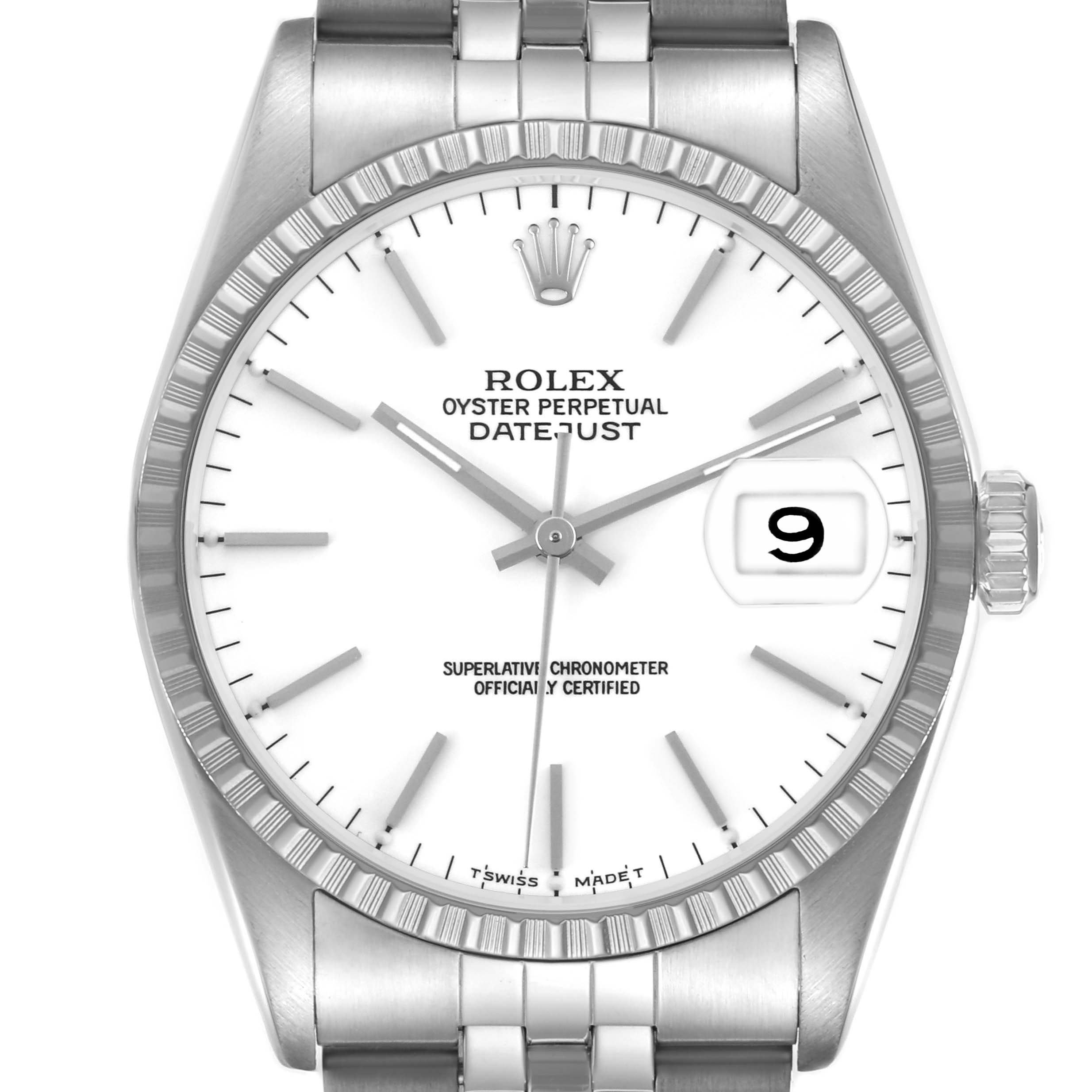 The Rolex Datejust 16220 Men's Stainless Steel White Dial 16220 Men's Stainless Steel White Dial watch is shown from the front, displaying the dial, hands, bezel, and part of the bracelet.
