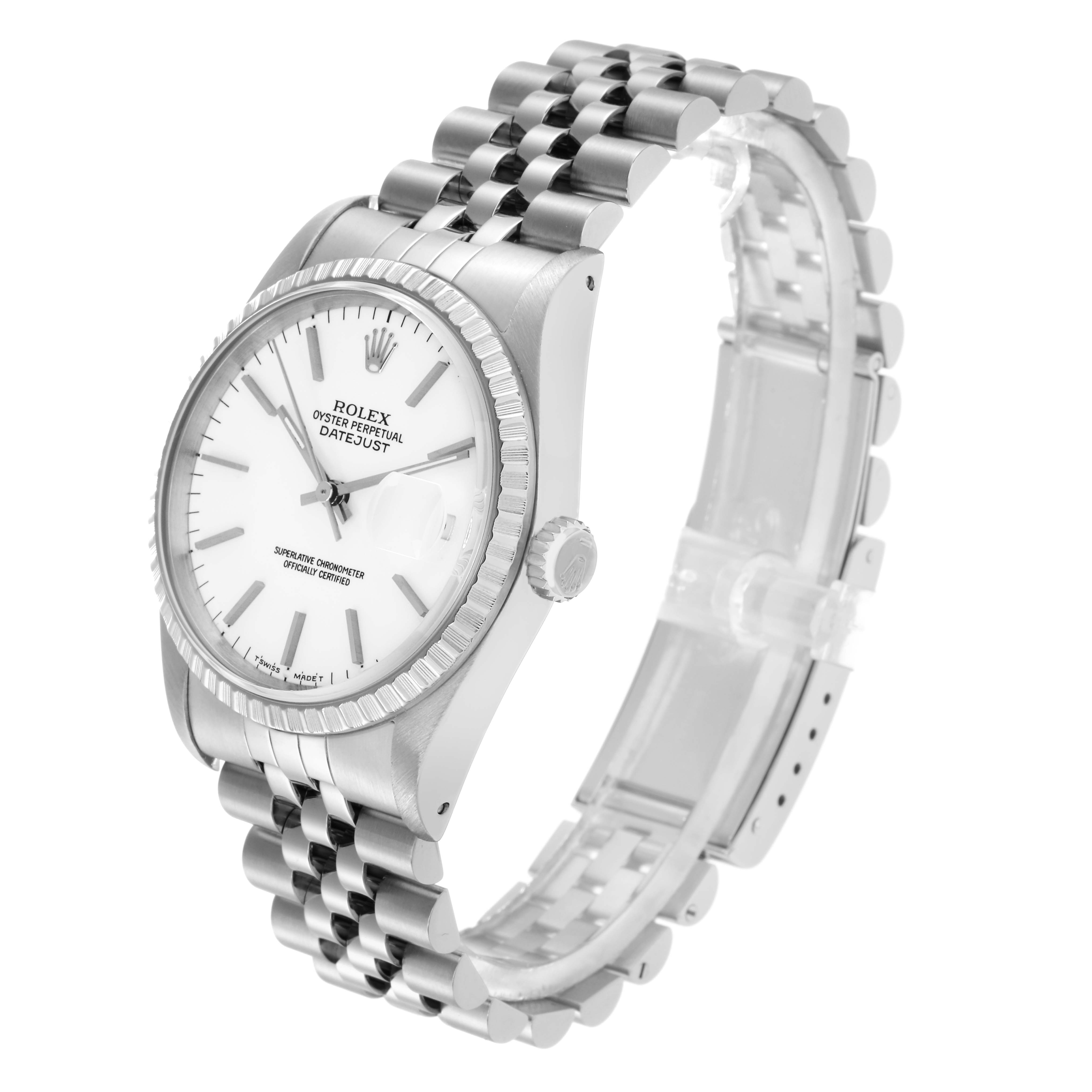 The Rolex Datejust 16220 Men's Stainless Steel White Dial 16220 Men's Stainless Steel White Dial watch is shown at an angled side view, highlighting the face, bezel, and bracelet.