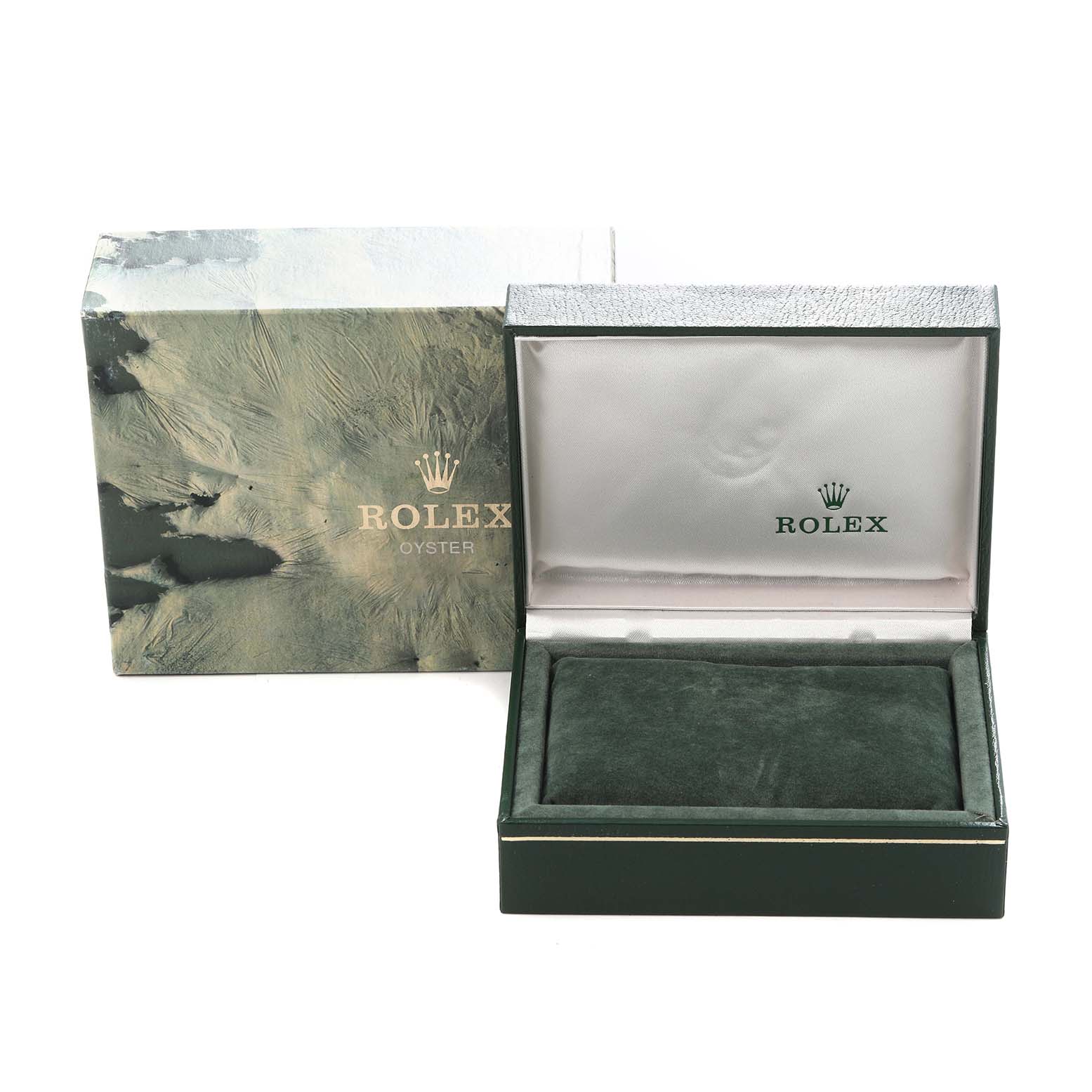 The image shows a Rolex Datejust 16220 Men's Stainless Steel White Dial 16220 Men's Stainless Steel White Dial watch box and packaging from a front angle with the inner cushion visible.
