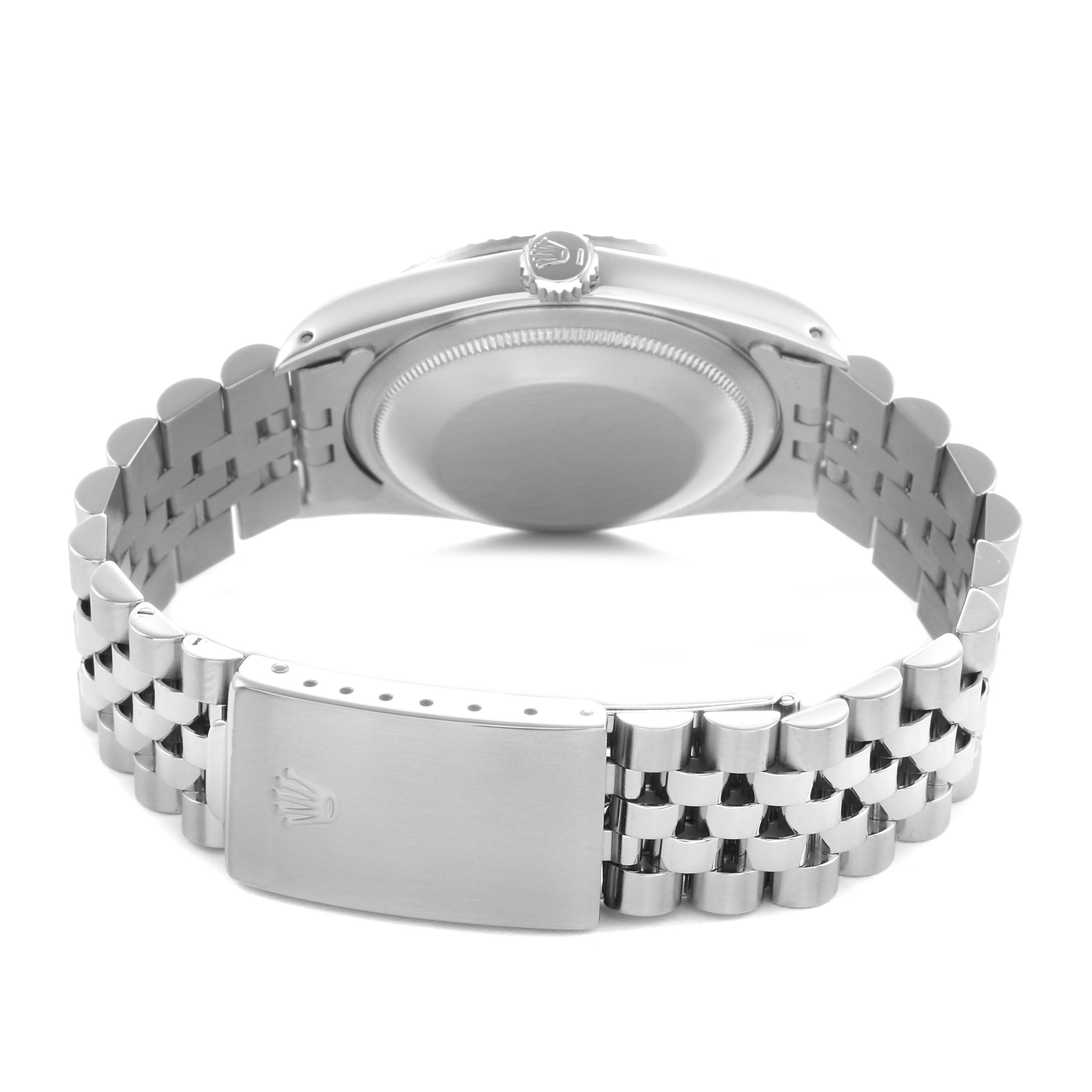 The image shows the back of the Rolex Datejust 16220 Men's Stainless Steel White Dial 16220 Men's Stainless Steel White Dial watch, highlighting the clasp and bracelet with the case back and crown.