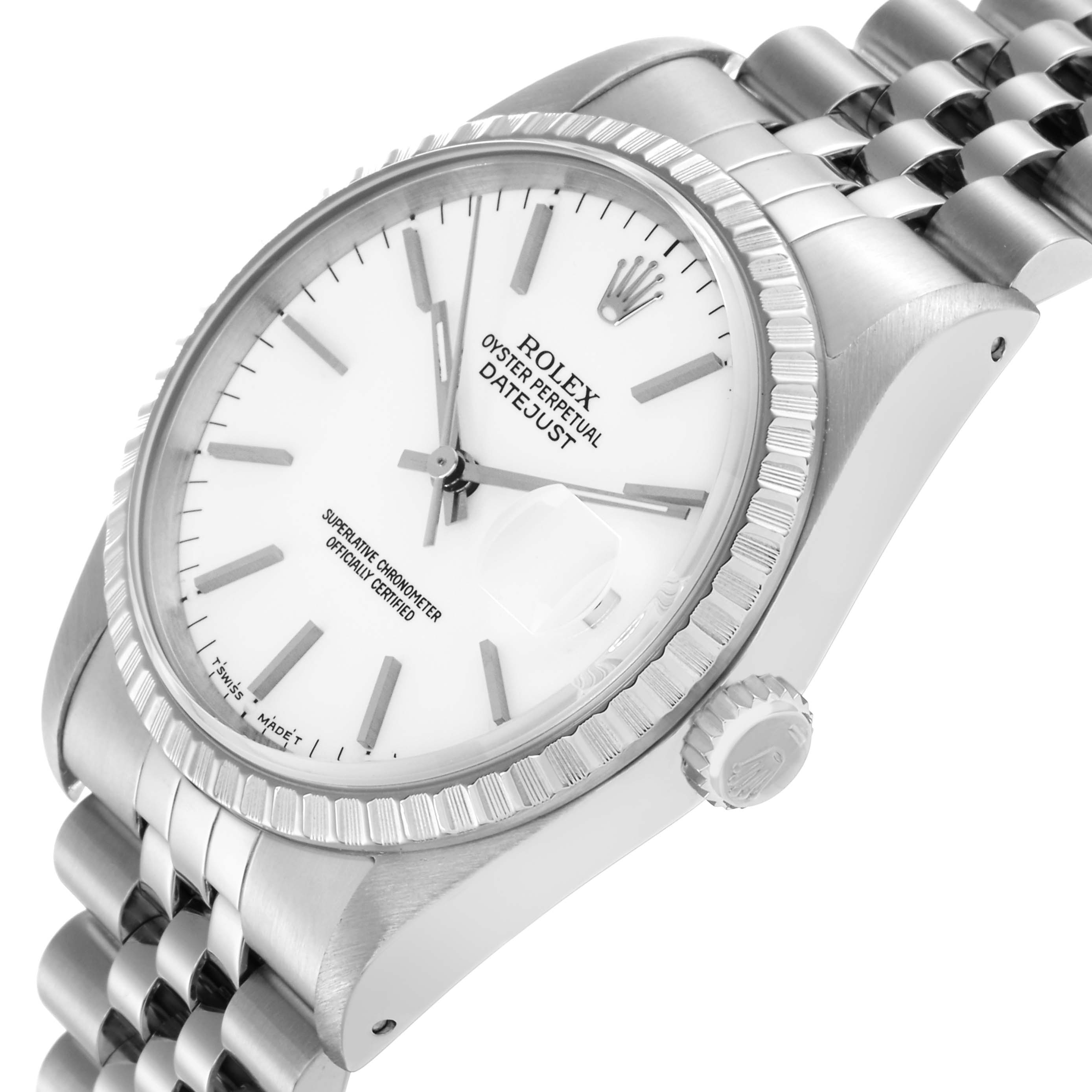 The Rolex Datejust 16220 Men's Stainless Steel White Dial 16220 Men's Stainless Steel White Dial watch is shown at a tilted angle, highlighting the face, bezel, crown, and part of the bracelet.