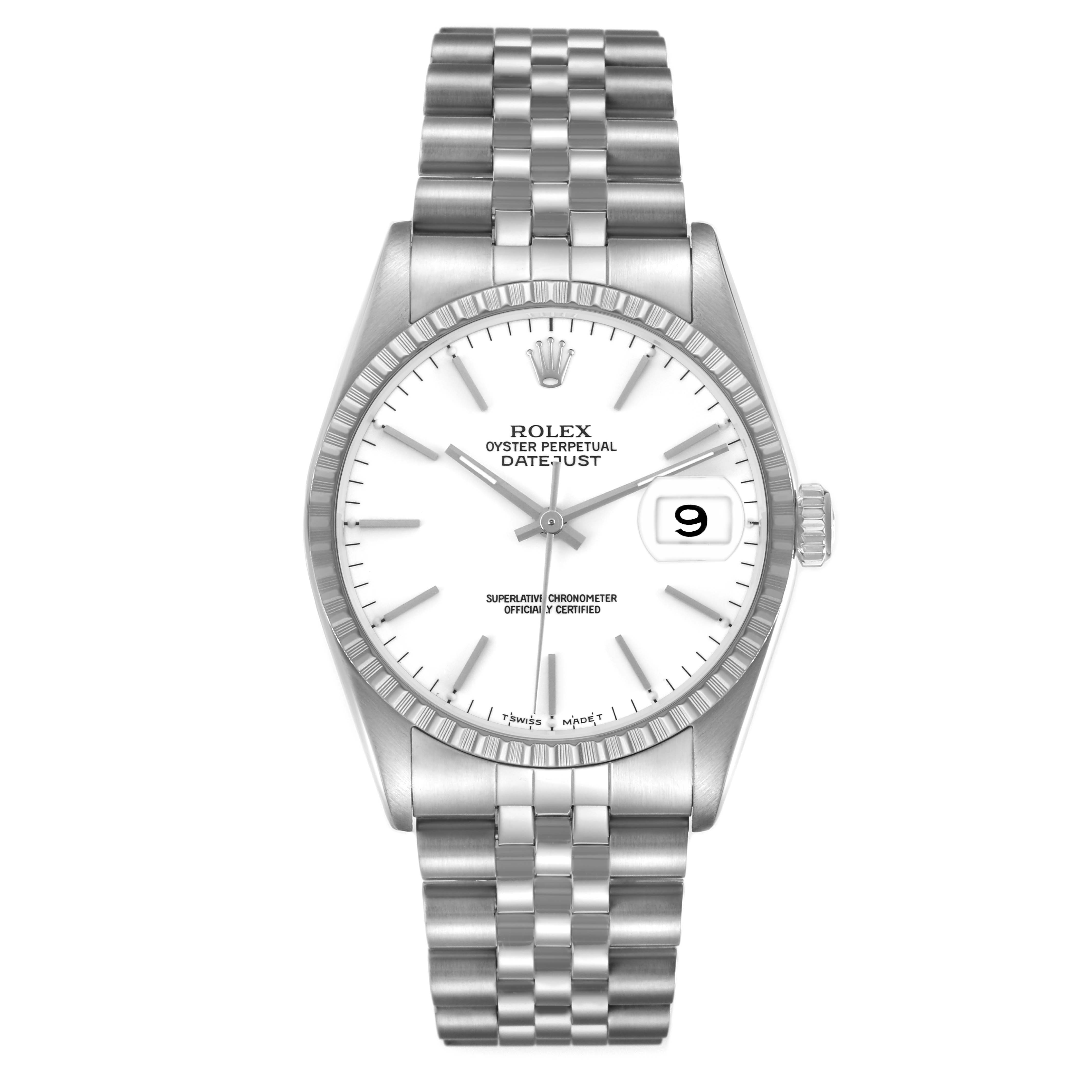 The Rolex Datejust 16220 Men's Stainless Steel White Dial 16220 Men's Stainless Steel White Dial watch is shown from a front view, displaying the dial, bezel, and Jubilee bracelet.