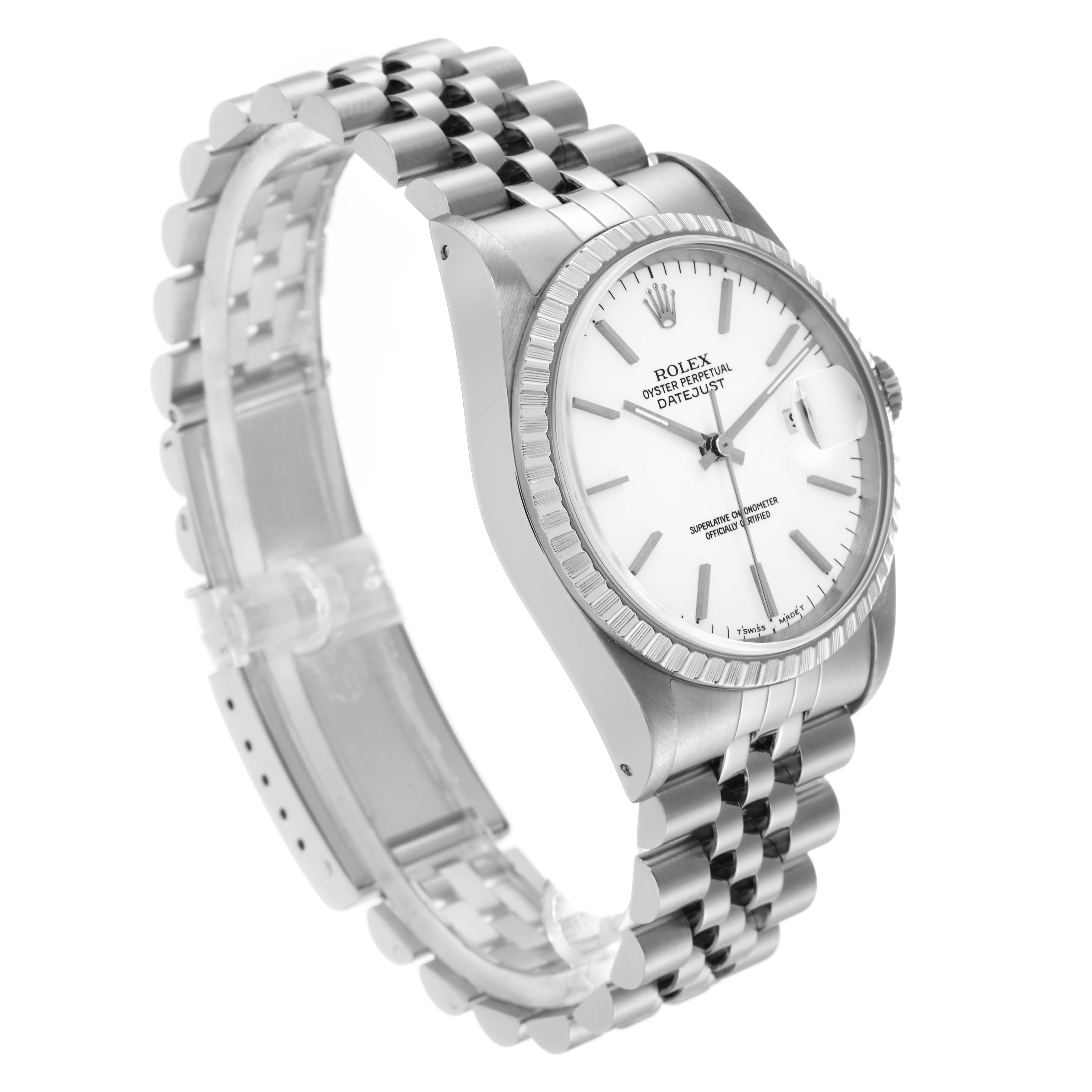 The Rolex Datejust 16220 Men's Stainless Steel White Dial 16220 Men's Stainless Steel White Dial watch is shown at a slight angle, highlighting the dial, bezel, and bracelet.