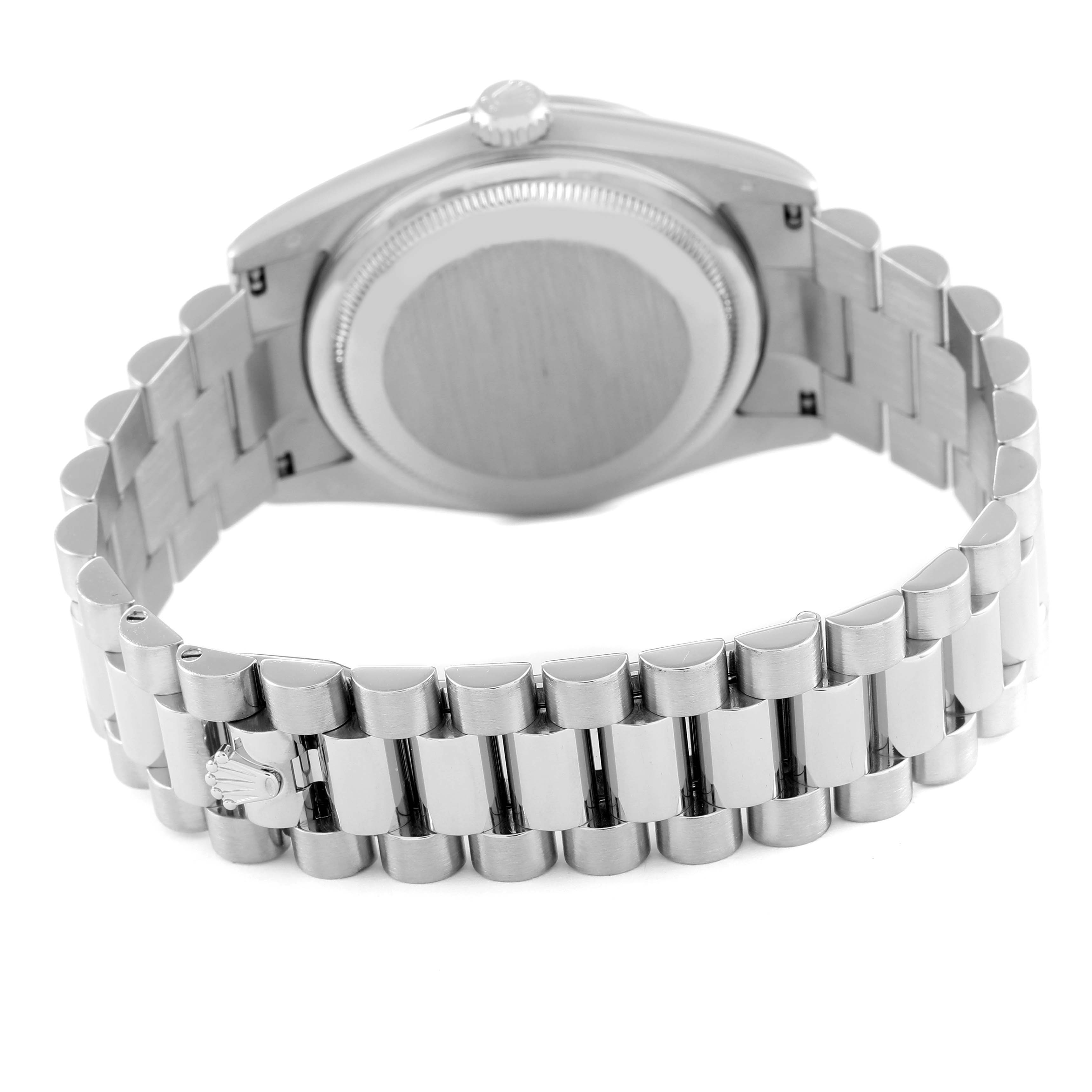 This image shows the back and bracelet of a Rolex President 118239 Men's White Gold Silver Dial 118239 Men's White Gold Silver Dial model watch.