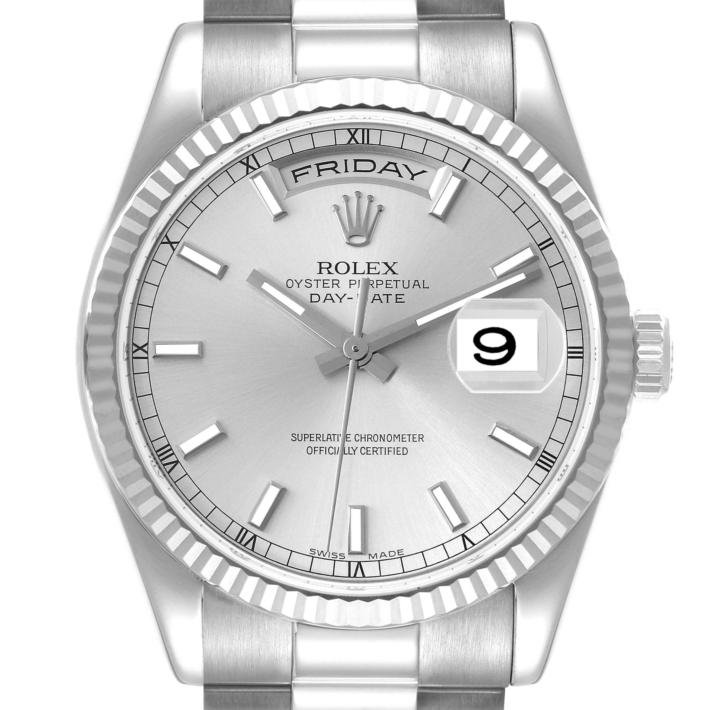 The image shows a frontal view of the Rolex President 118239 Men's White Gold Silver Dial 118239 Men's White Gold Silver Dial model, highlighting the dial, bezel, and part of the bracelet.