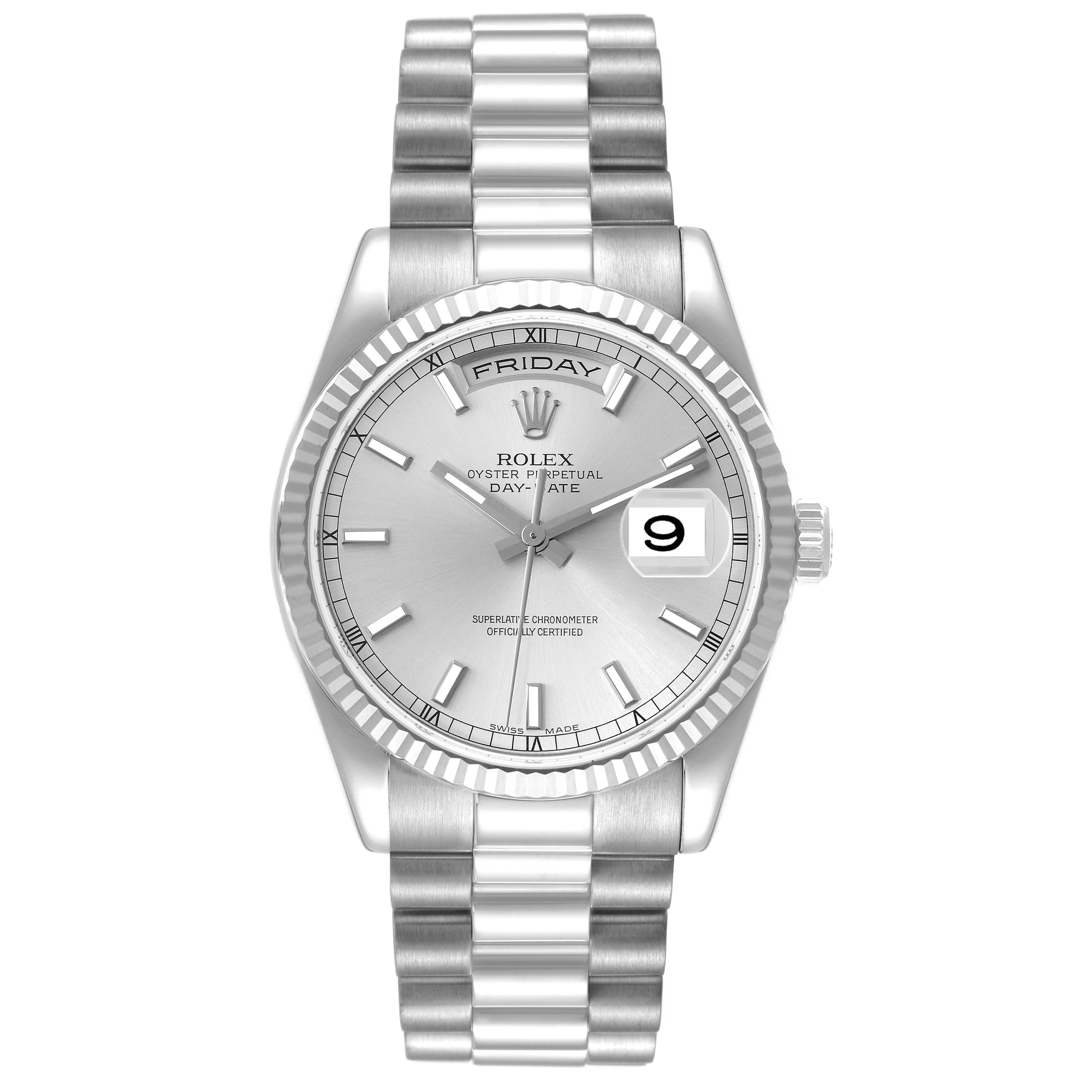 The image shows a front view of a Rolex President 118239 Men's White Gold Silver Dial 118239 Men's White Gold Silver Dial model watch, displaying the face, bezel, and bracelet.