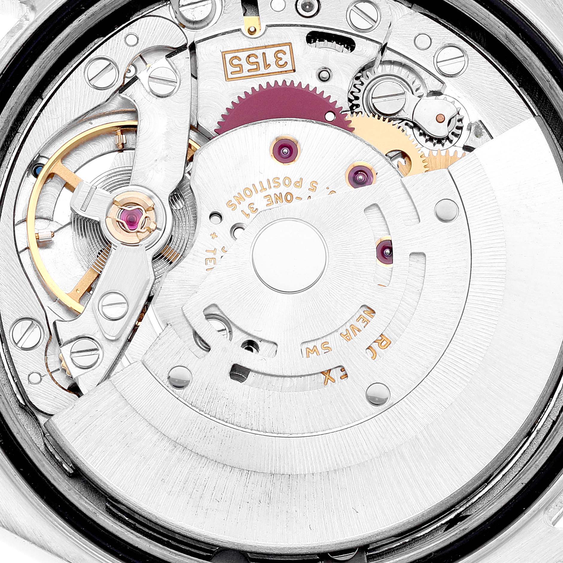 The image shows a close-up view of the movement inside a Rolex President 118239 Men's White Gold Silver Dial 118239 Men's White Gold Silver Dial model watch.