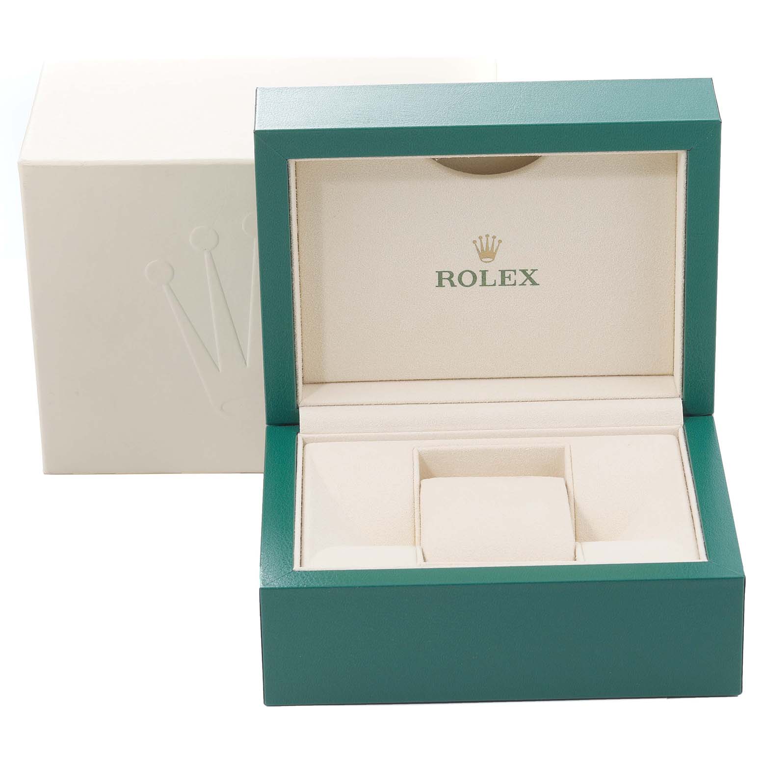The image shows an open box for the Rolex President 118239 Men's White Gold Silver Dial 118239 Men's White Gold Silver Dial model, featuring a green exterior and beige interior with the Rolex logo.