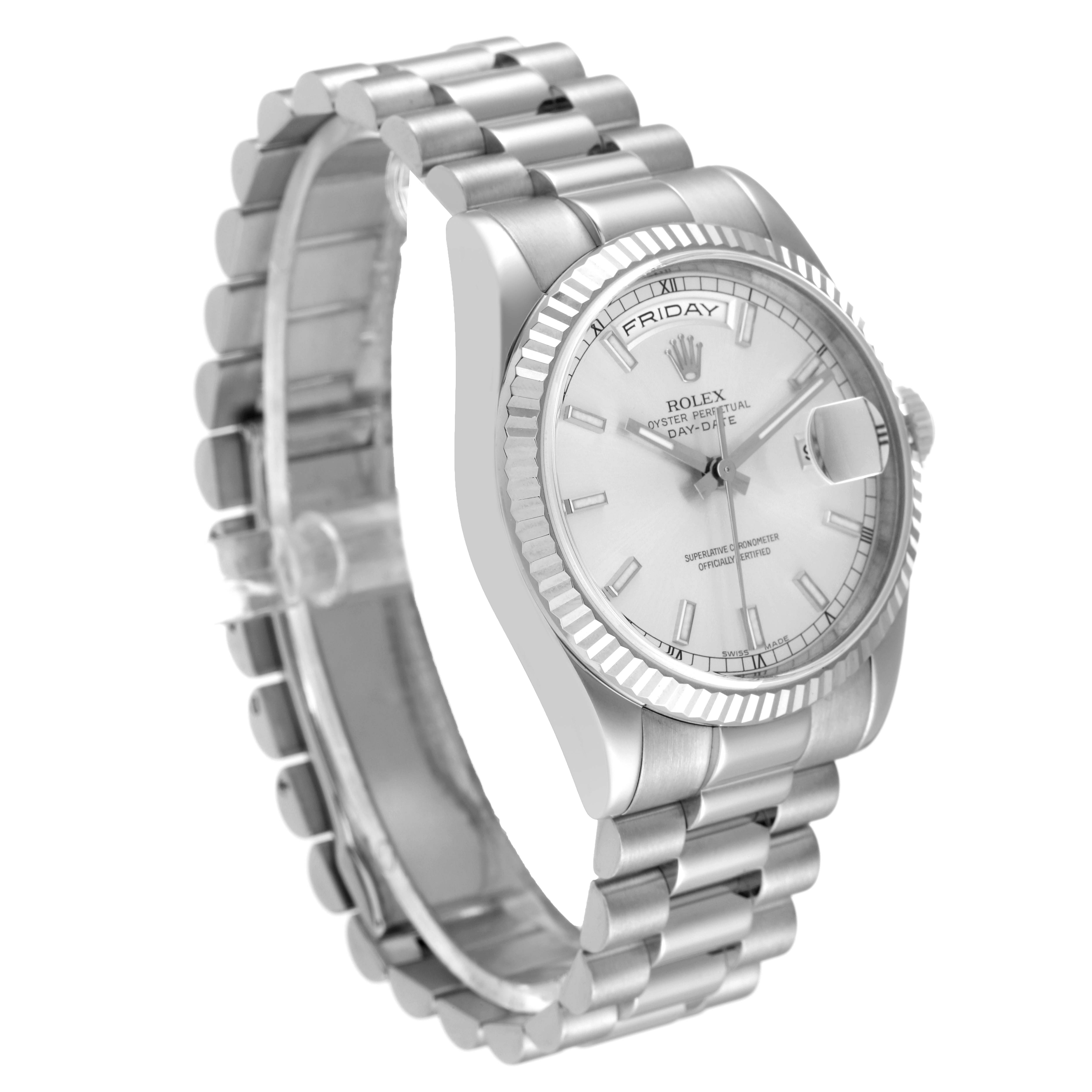 This image shows a side angle of a Rolex President 118239 Men's White Gold Silver Dial 118239 Men's White Gold Silver Dial model watch, highlighting the bracelet, case, and dial.