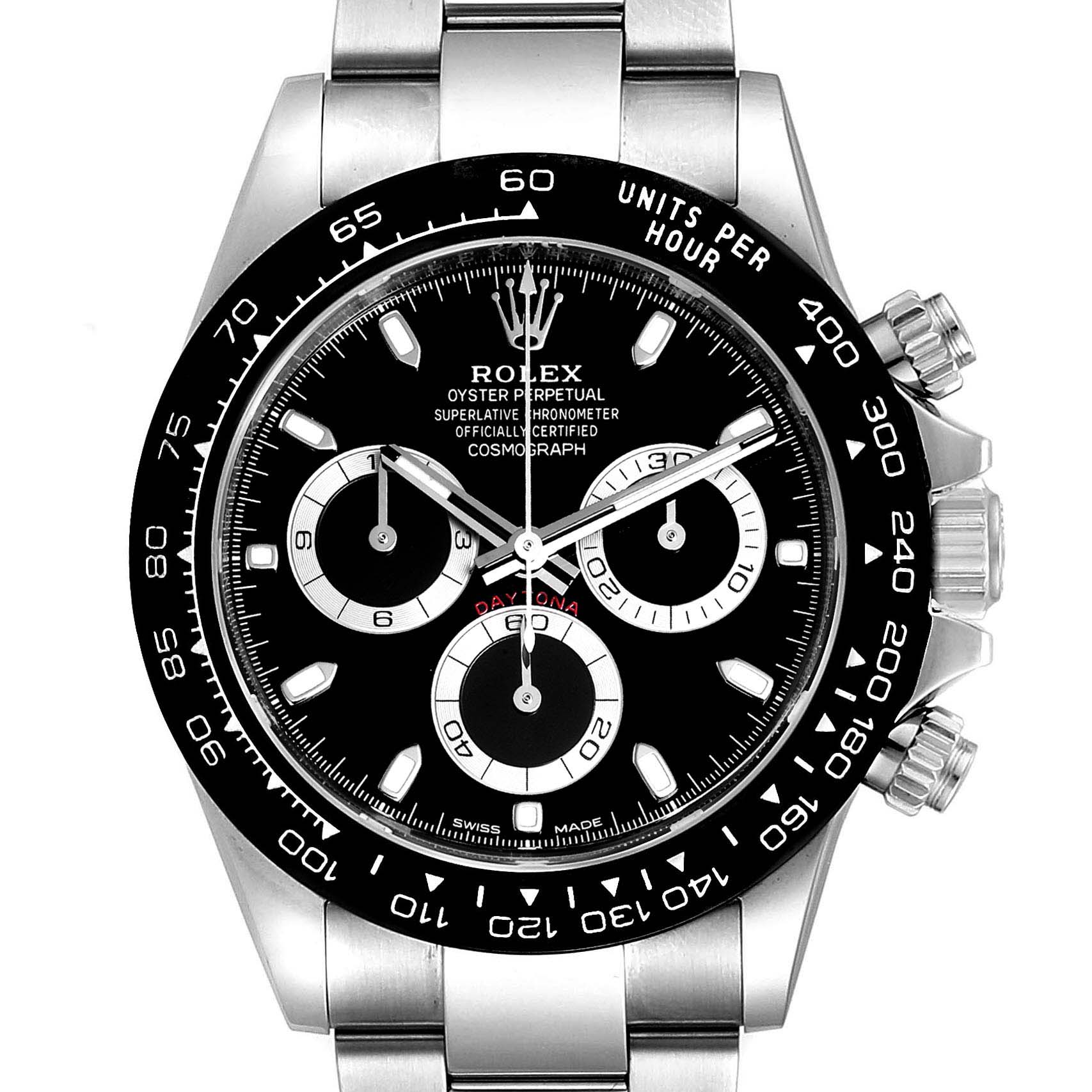 The image shows a front view of the Rolex Daytona 116500 Men's Stainless Steel Black Dial 116500 Men's Stainless Steel Black Dial watch, highlighting its black dial, subdials, and bezel with tachymeter.