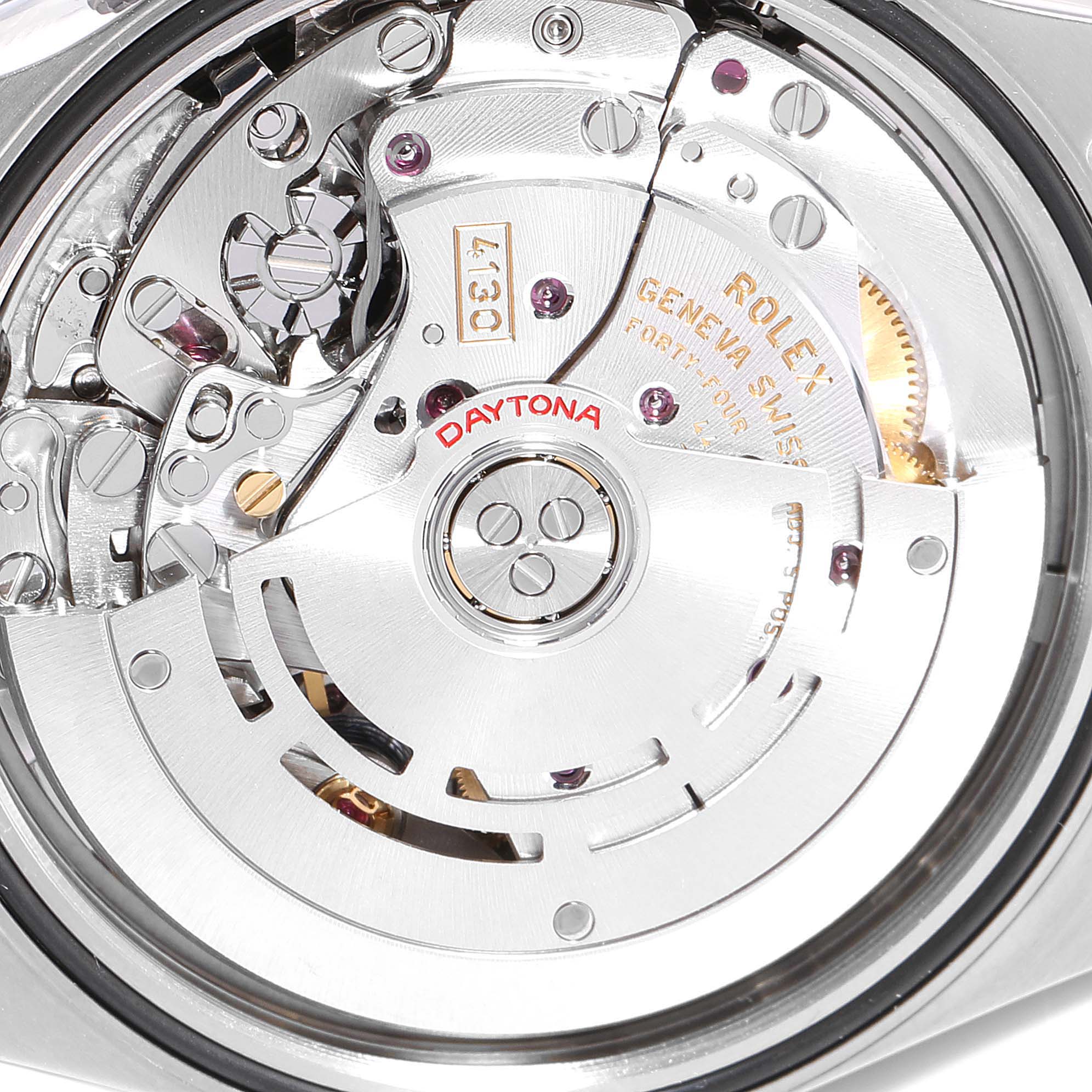 This image shows the intricate internal mechanism and movement components of a Rolex Daytona 116500 Men's Stainless Steel Black Dial 116500 Men's Stainless Steel Black Dial watch from the back angle.