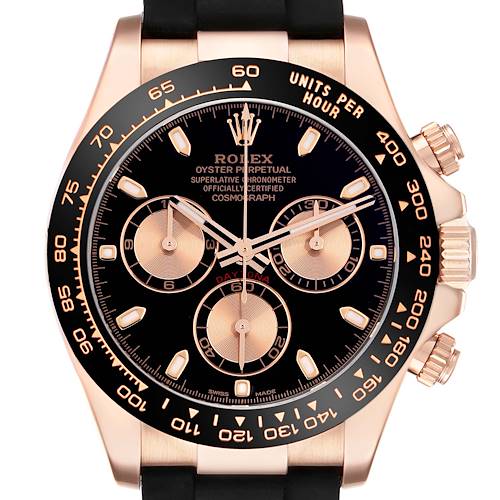 The Rolex Daytona watch is shown from the front, highlighting its dial, bezel, and crown.