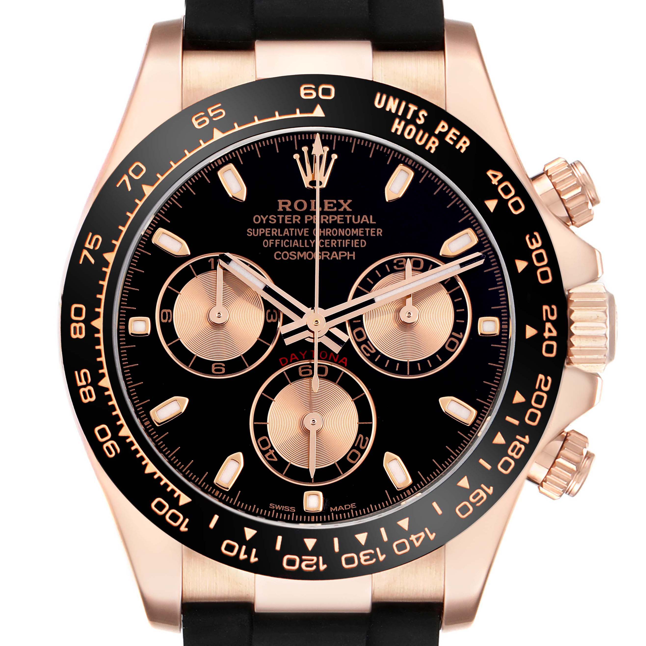 The image shows the front view of a Rolex Daytona 116515LN Men's Rose Gold Black Dial 116515LN Men's Rose Gold Black Dial watch, highlighting its dial, subdials, bezel, and crown.