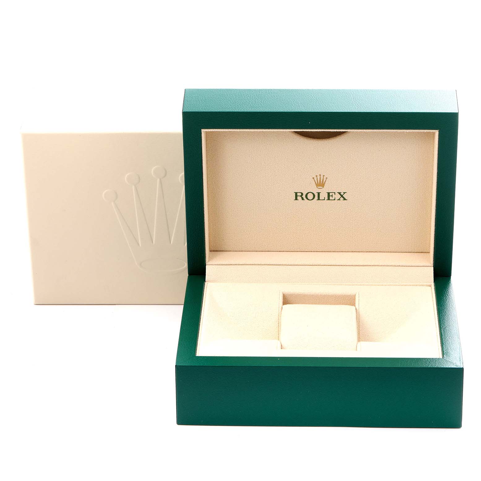 The image shows an open Rolex Daytona 116515LN Men's Rose Gold Black Dial 116515LN Men's Rose Gold Black Dial watch box at a front angle, displaying the interior and exterior packaging.