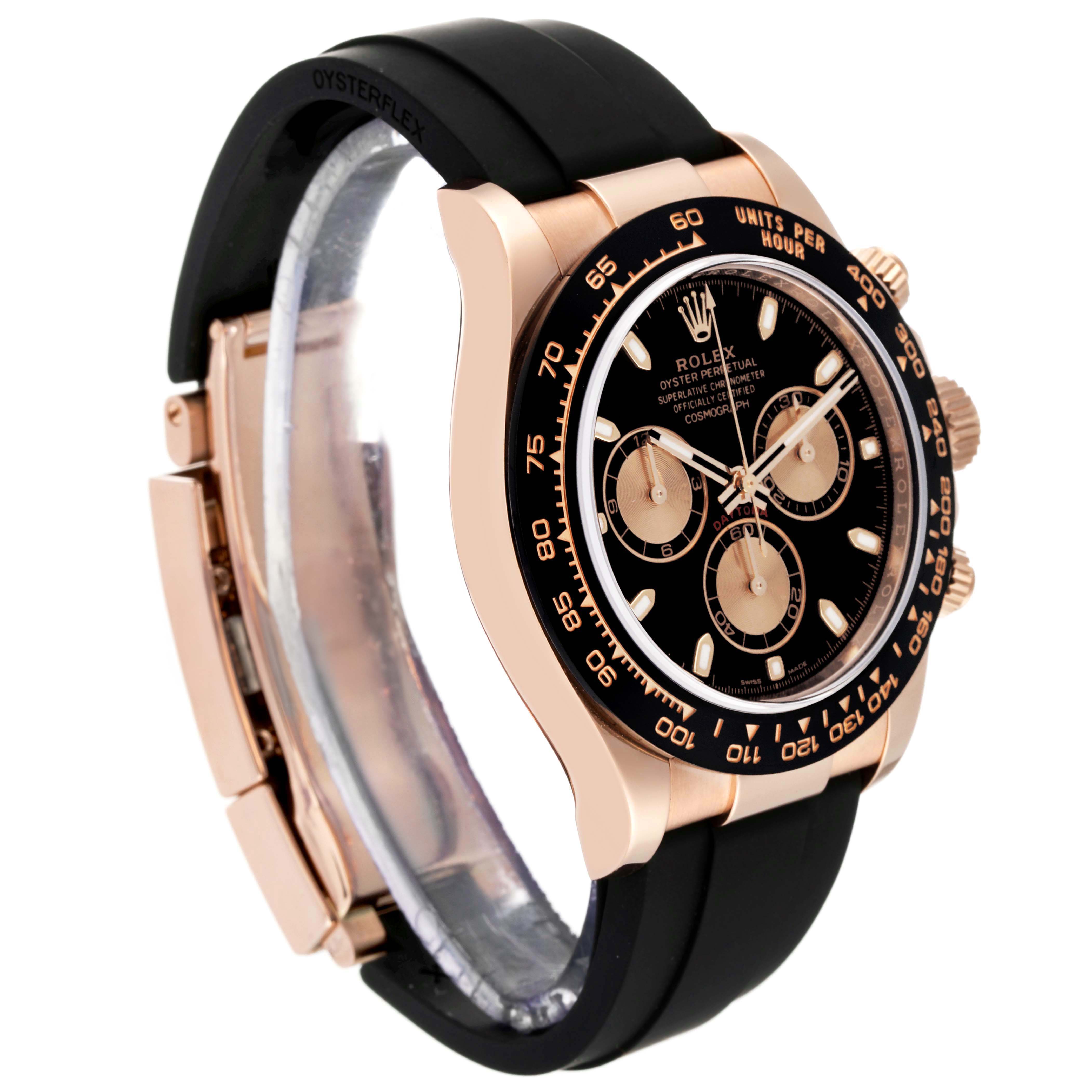 The image shows a Rolex Daytona 116515LN Men's Rose Gold Black Dial 116515LN Men's Rose Gold Black Dial watch at a three-quarter angle, displaying the face, bezel, crown, and Oysterflex strap.