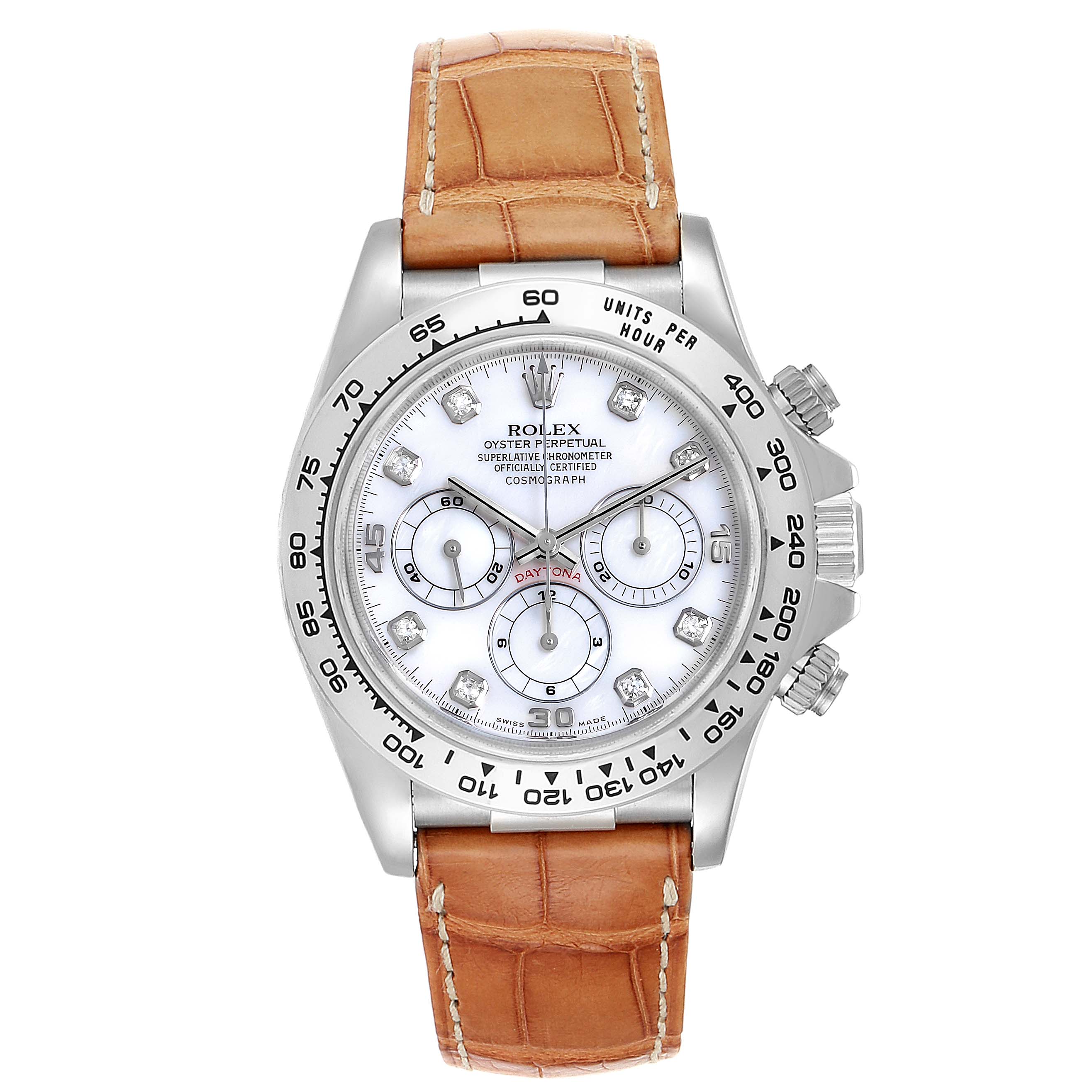 The image shows a front view of a Rolex Daytona 16519 Men's White Gold Mother of Pearl Dial 16519 Men's White Gold Mother of Pearl Dial watch with a silver bezel, white dial, and brown leather strap.