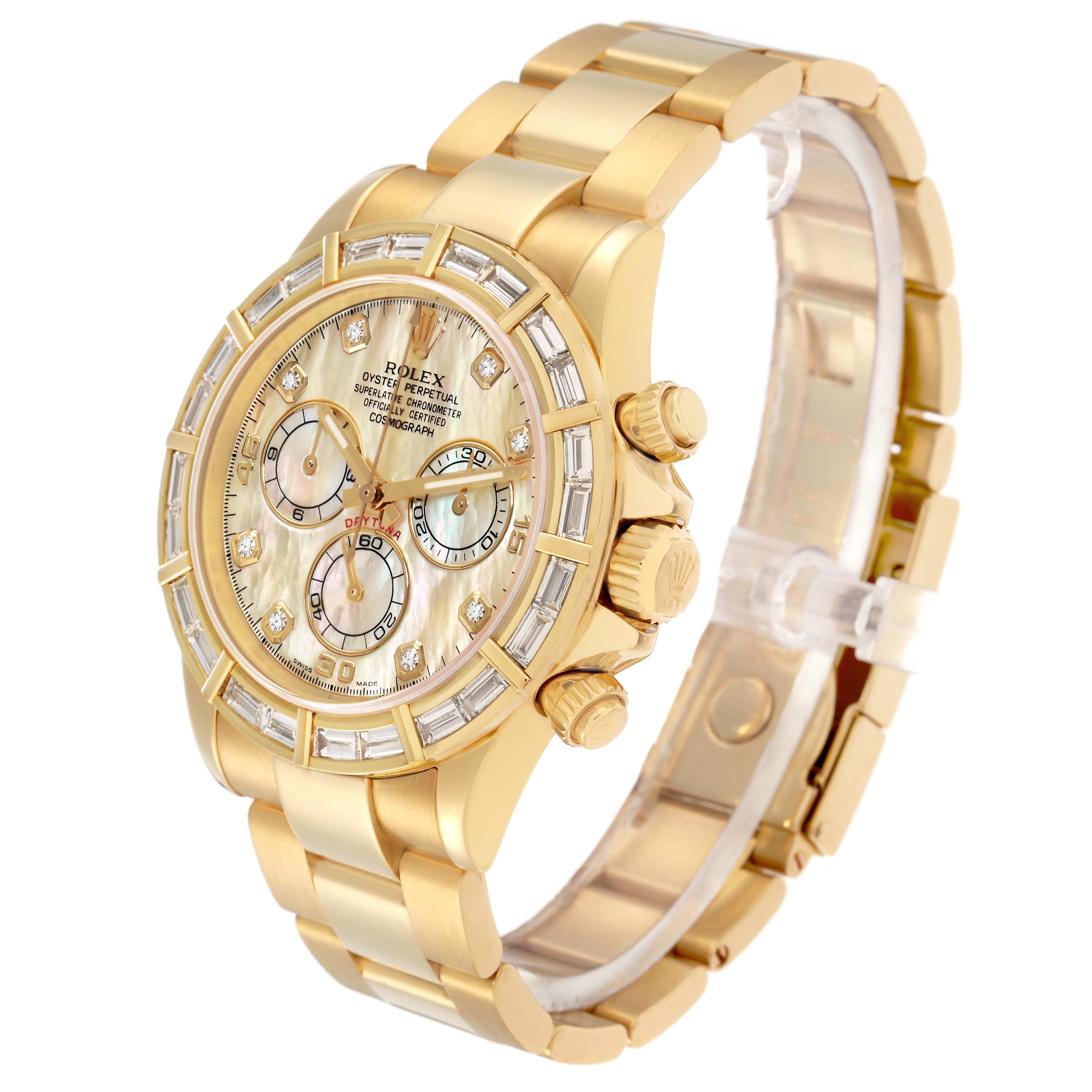 The Rolex Daytona 116568BR Men's Yellow Gold Mother of Pearl Dial 116568BR Men's Yellow Gold Mother of Pearl Dial watch is shown at a three-quarter angle, highlighting the face, bezel, and bracelet.
