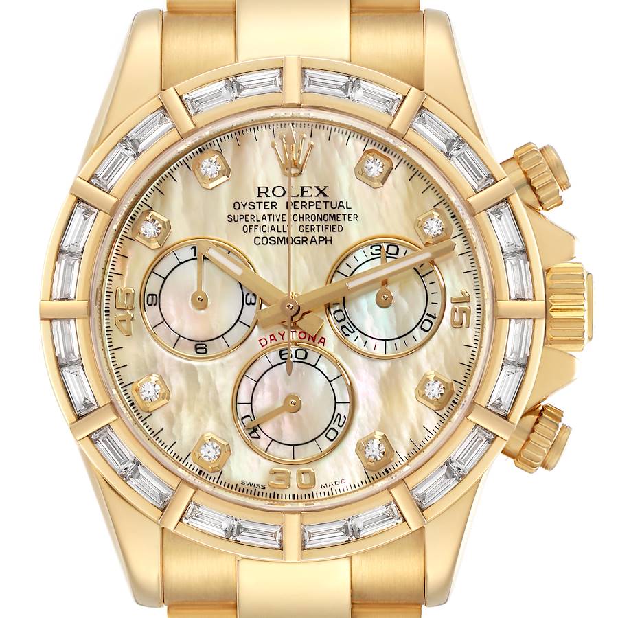 The Rolex Daytona watch is shown from the front, highlighting its dial, bezel, and bracelet.