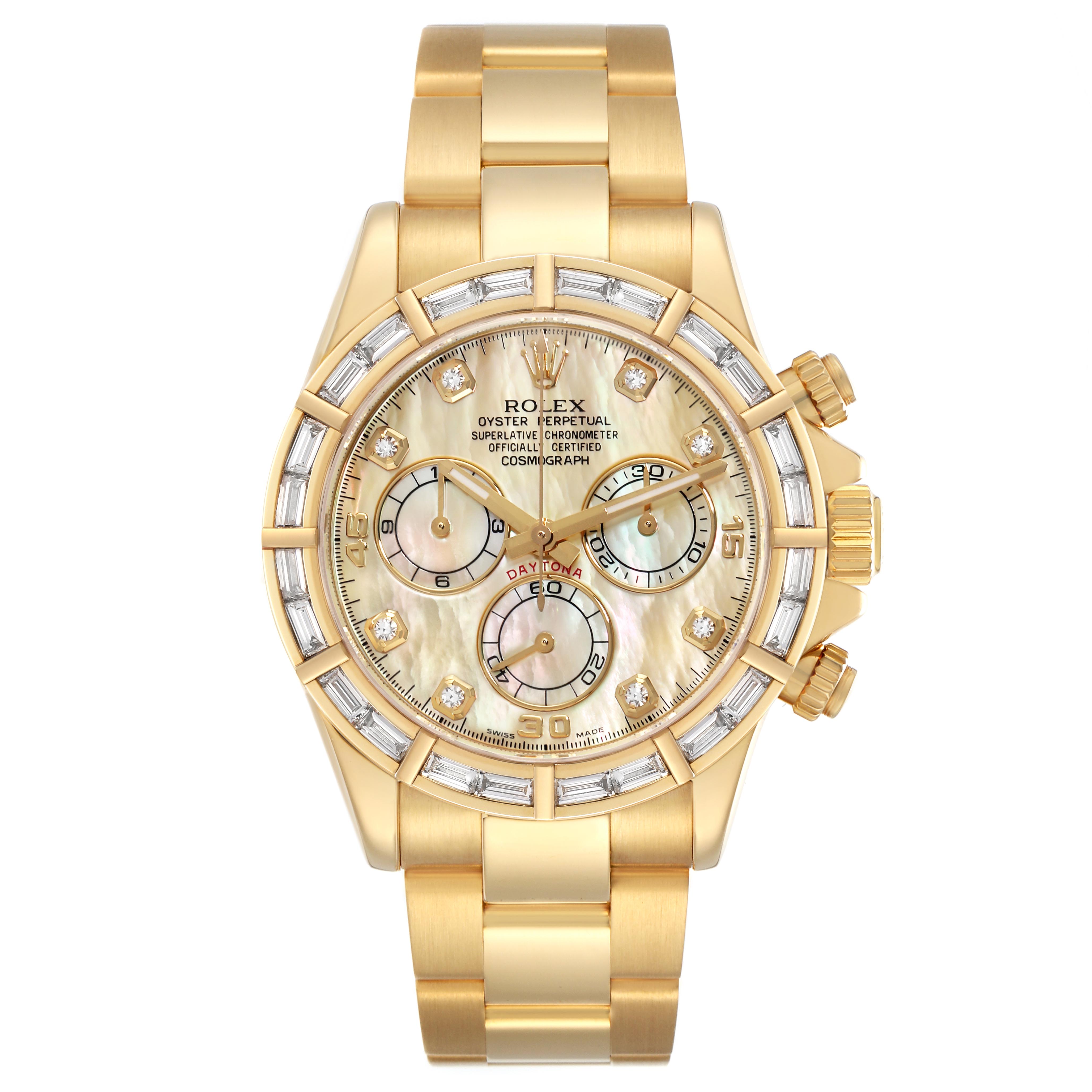 The Rolex Daytona 116568BR Men's Yellow Gold Mother of Pearl Dial 116568BR Men's Yellow Gold Mother of Pearl Dial watch is shown from a front view, highlighting its face, bezel, and bracelet.