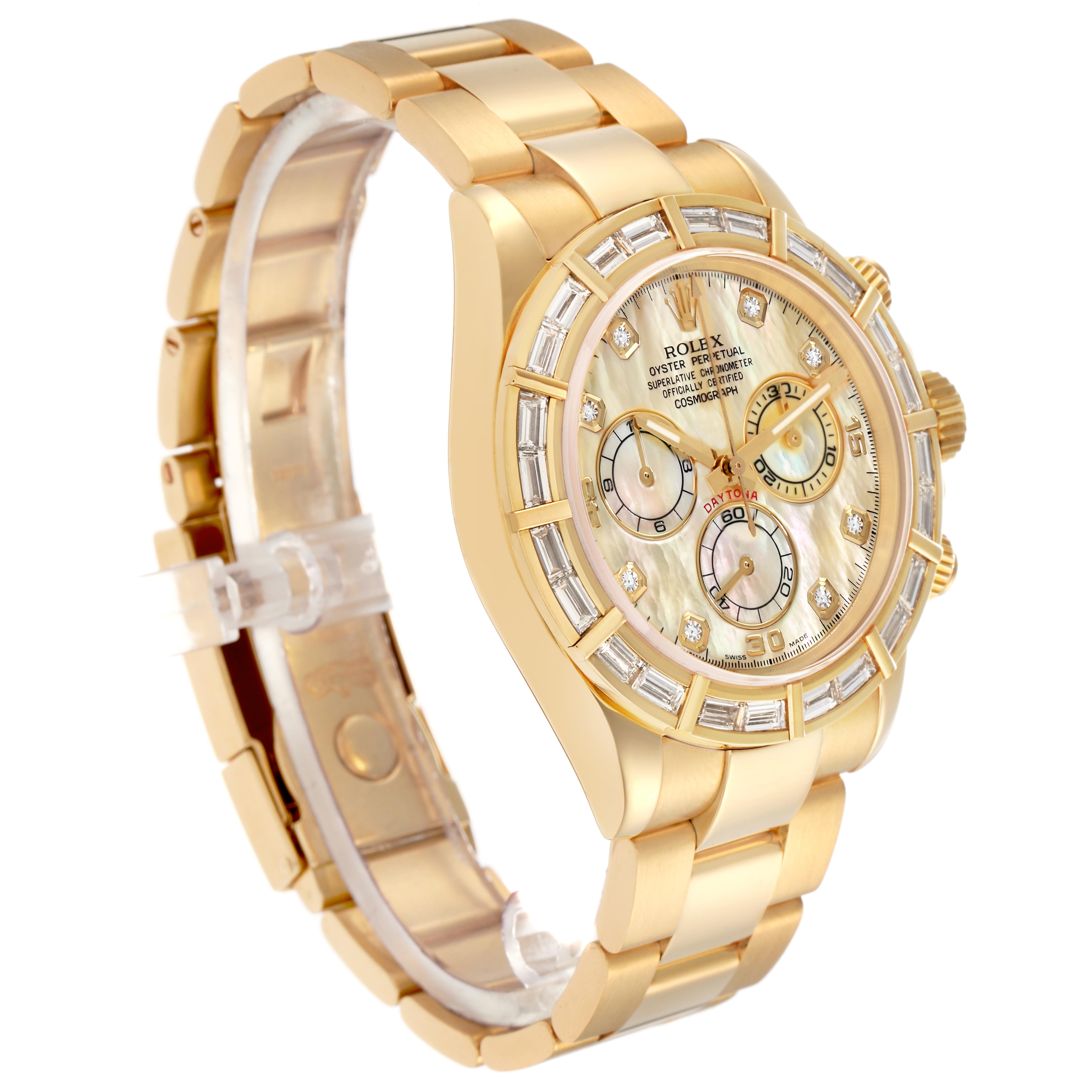 The Rolex Daytona 116568BR Men's Yellow Gold Mother of Pearl Dial 116568BR Men's Yellow Gold Mother of Pearl Dial watch is shown at a three-quarter angle, highlighting its gold case, bracelet, dial, and pushers.