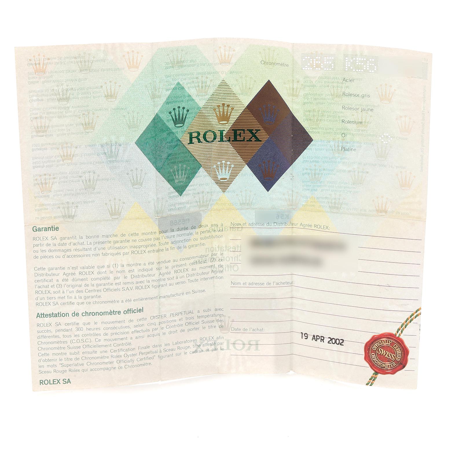 The image shows a Rolex warranty certificate for a Daytona model, not the watch itself.