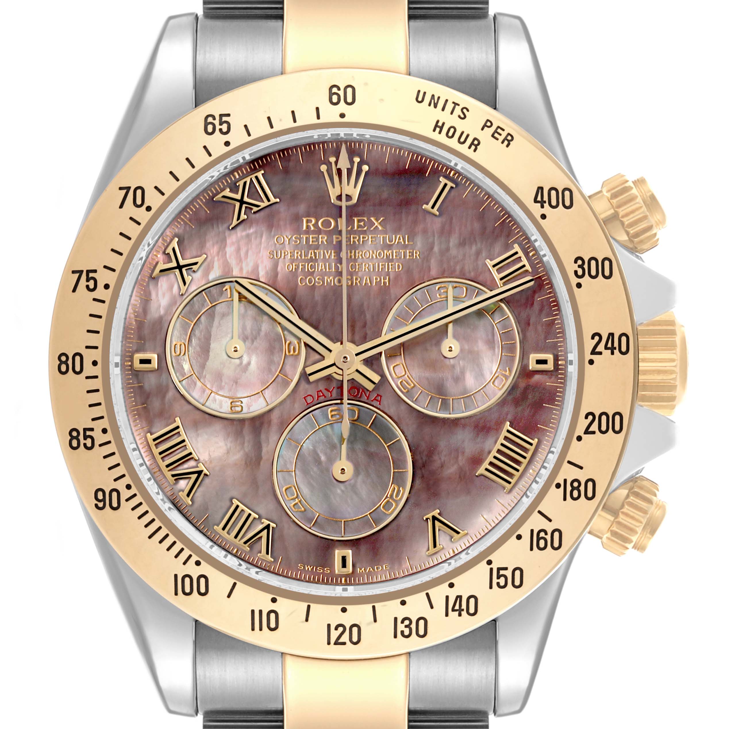 The Rolex Daytona 116523NR Men
s Steel and Gold (two tone) Mother of Pearl Dial 116523NR Men
s Steel and Gold (two tone) Mother of Pearl Dial watch is shown from the front, displaying its bezel, face, sub-dials, and crown.