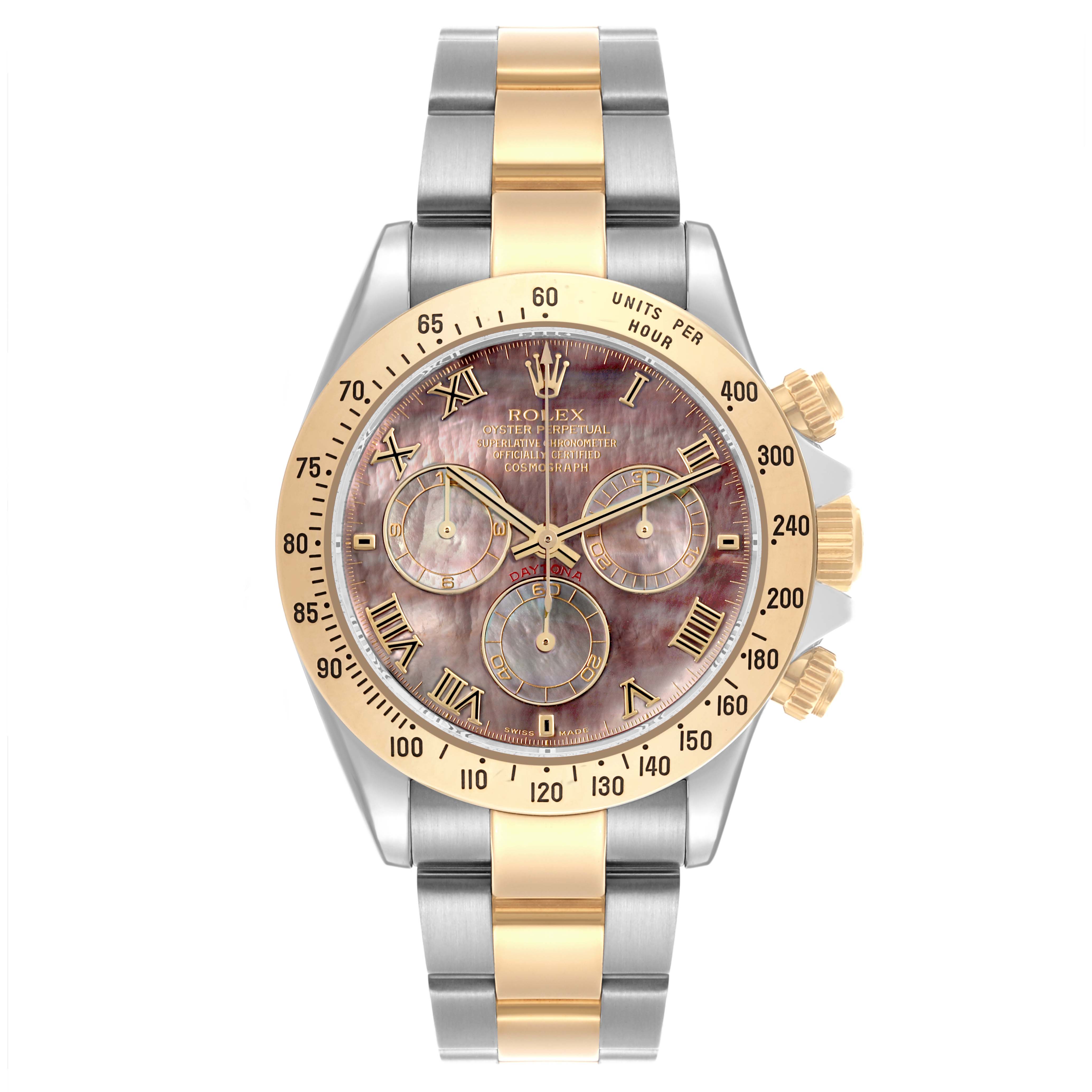 The Rolex Daytona 116523NR Men
s Steel and Gold (two tone) Mother of Pearl Dial 116523NR Men
s Steel and Gold (two tone) Mother of Pearl Dial watch is shown from the front, highlighting its bezel, dial, hands, hour markers, and bracelet.