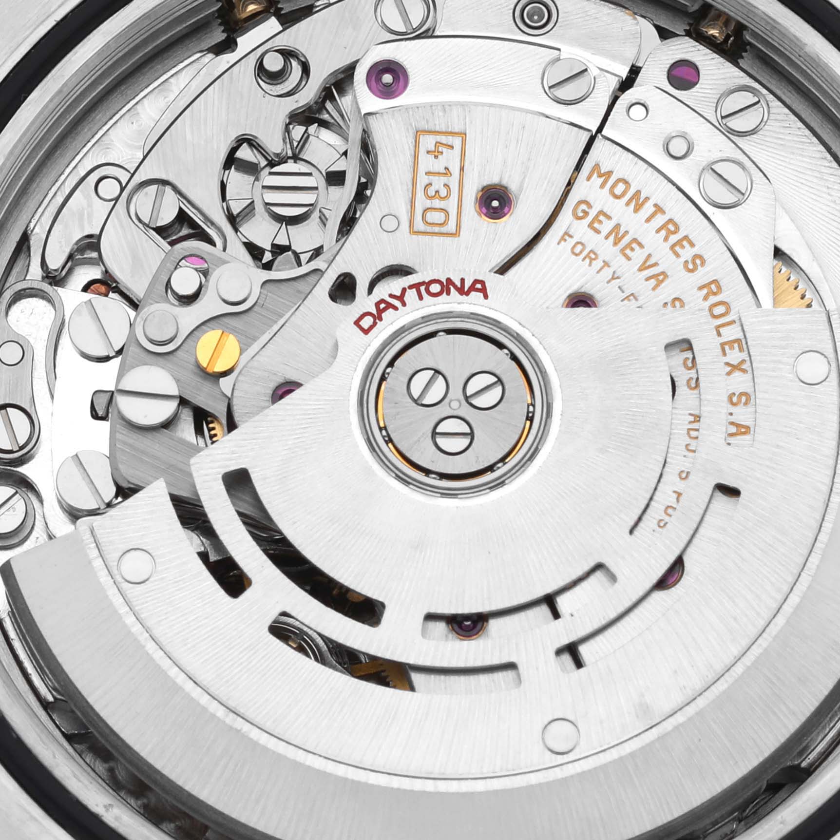 The image shows a close-up of the movement of a Rolex Daytona 116523NR Men
s Steel and Gold (two tone) Mother of Pearl Dial 116523NR Men
s Steel and Gold (two tone) Mother of Pearl Dial watch, displaying its intricate mechanical components.