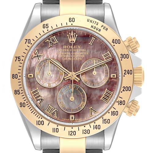 The Rolex Daytona watch is shown from a front angle, highlighting its dial, bezel, subdials, and crown.