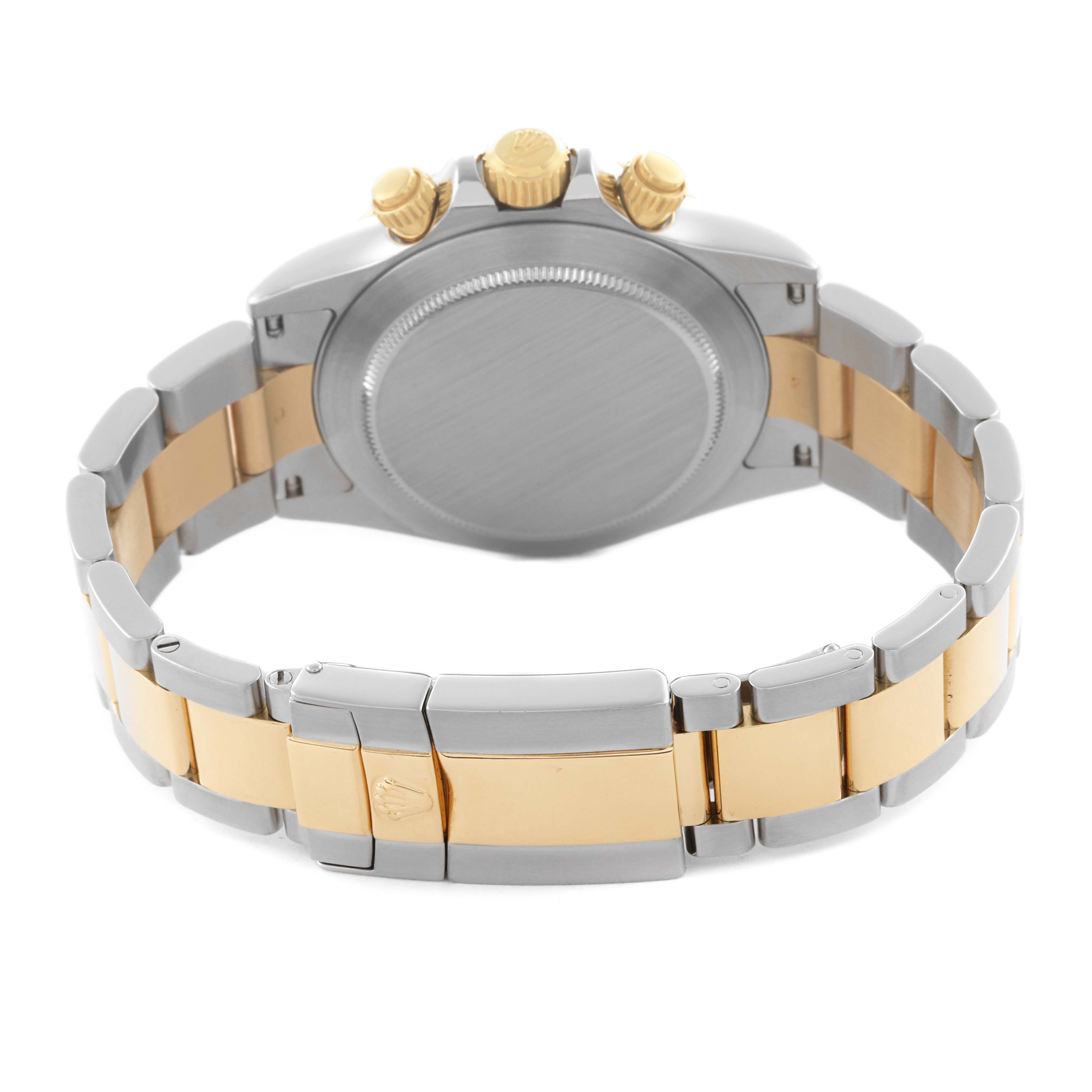 The image shows the back case and bracelet of a Rolex Daytona 116523NR Men
s Steel and Gold (two tone) Mother of Pearl Dial 116523NR Men
s Steel and Gold (two tone) Mother of Pearl Dial watch, highlighting the two-tone metal and clasp.