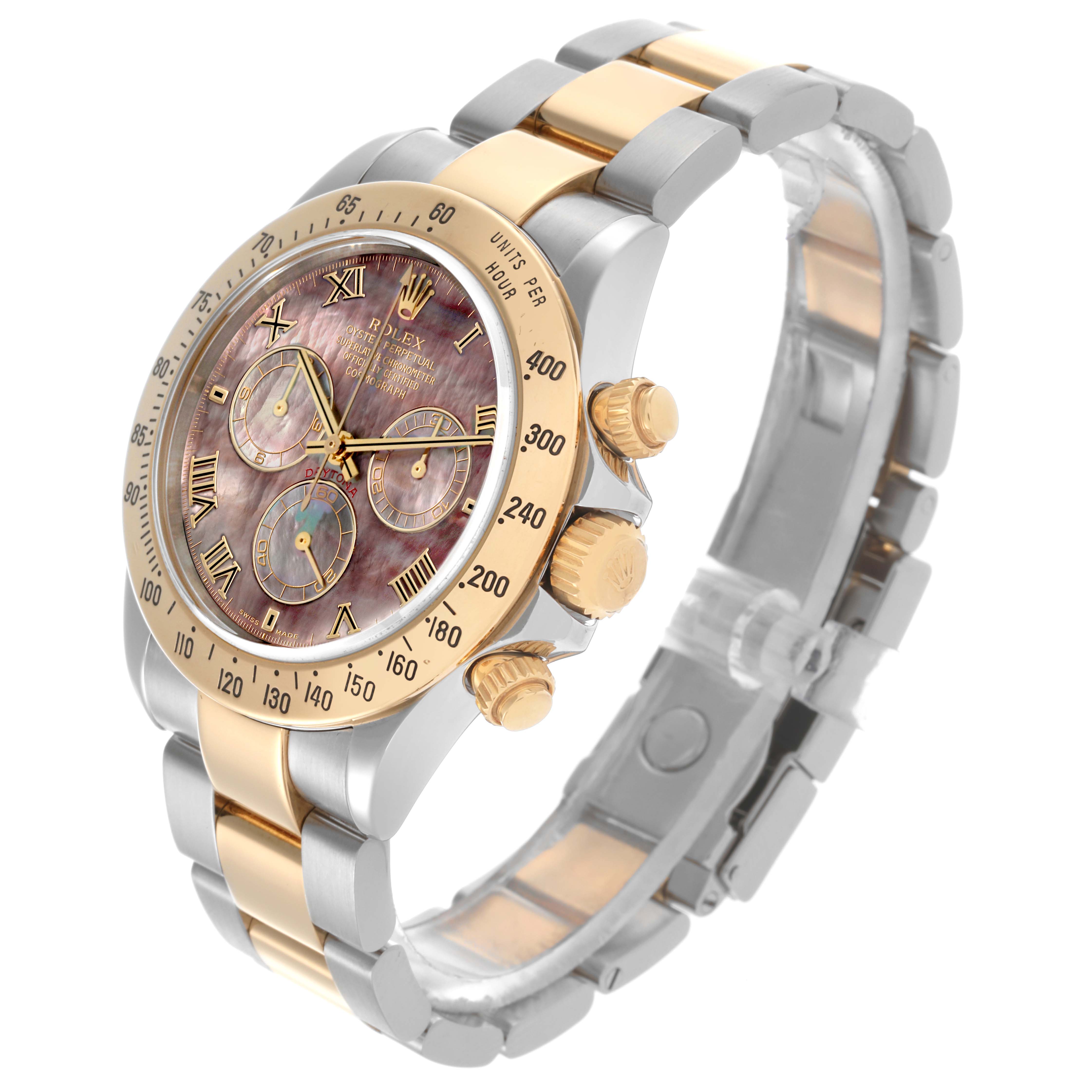 The Rolex Daytona 116523NR Men
s Steel and Gold (two tone) Mother of Pearl Dial 116523NR Men
s Steel and Gold (two tone) Mother of Pearl Dial watch is shown at a slight angle, displaying the face, crown, pushers, and bracelet.