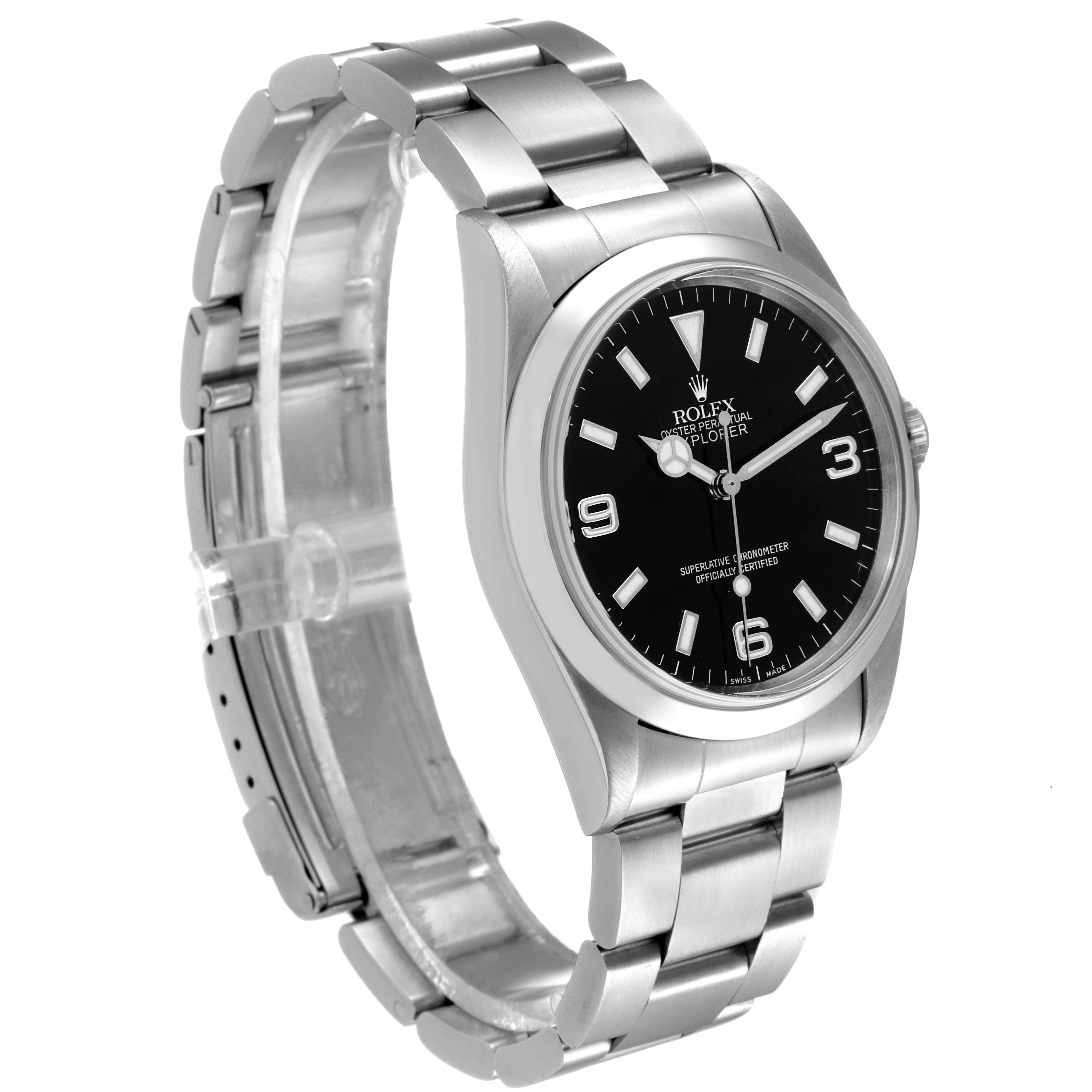 The Rolex Explorer 14270 Men's Stainless Steel Black Dial 14270 Men's Stainless Steel Black Dial watch is shown at a slight angle, featuring the face, bezel, case, and bracelet.