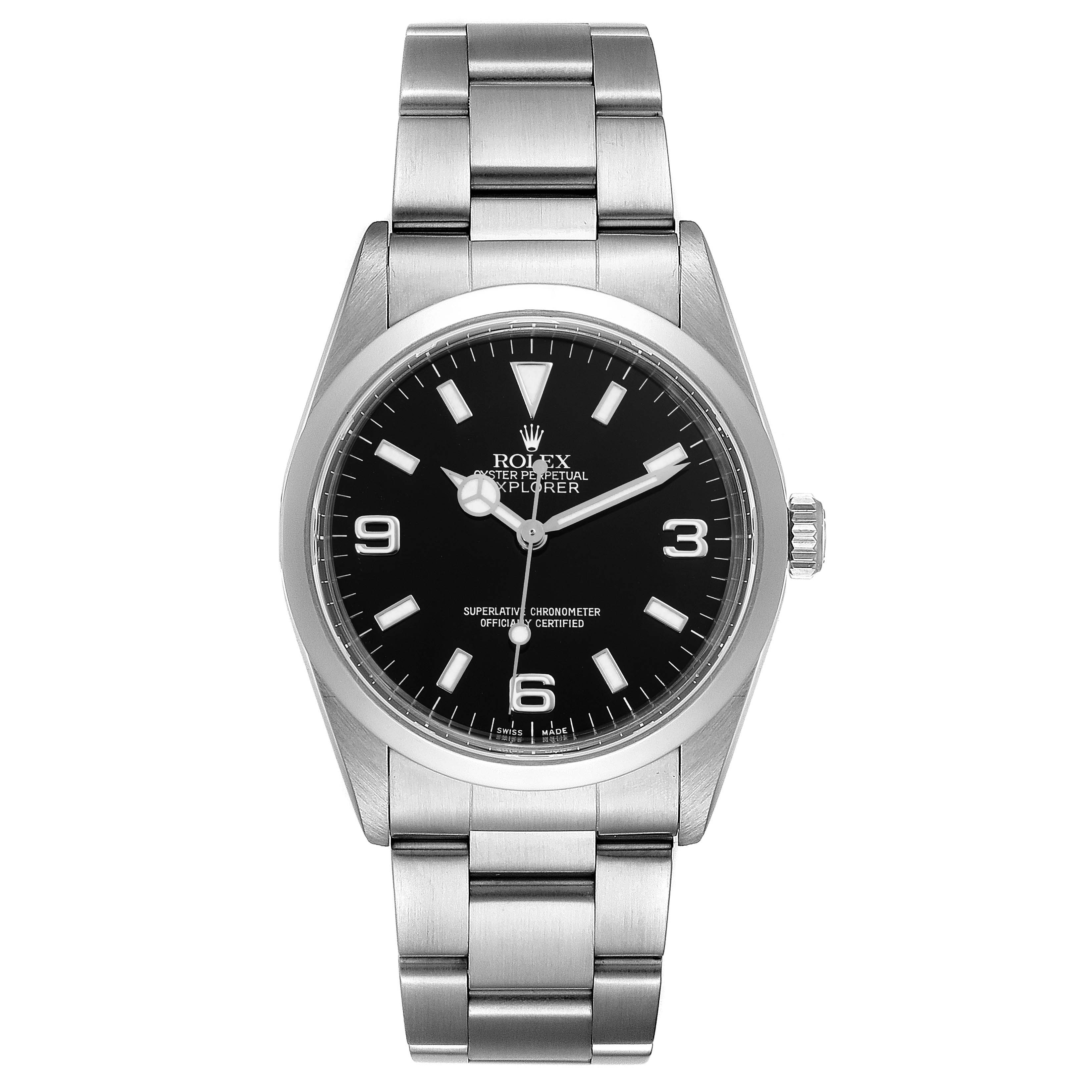The image shows a front view of a Rolex Explorer 14270 Men's Stainless Steel Black Dial 14270 Men's Stainless Steel Black Dial watch, displaying the dial, hands, bezel, and bracelet.