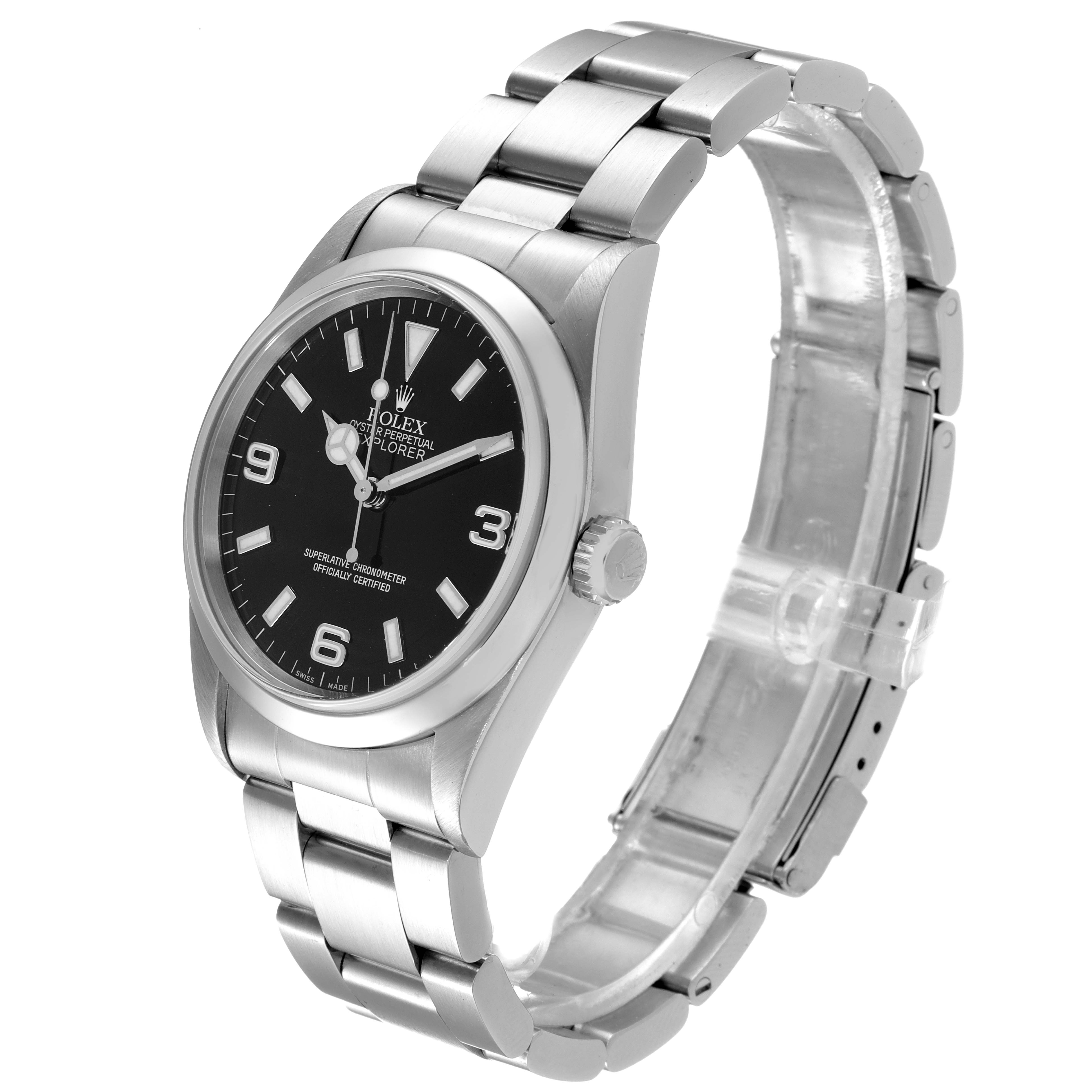 The Rolex Explorer 14270 Men's Stainless Steel Black Dial 14270 Men's Stainless Steel Black Dial watch is shown at a three-quarter angle, displaying its black dial, stainless steel case, and bracelet.