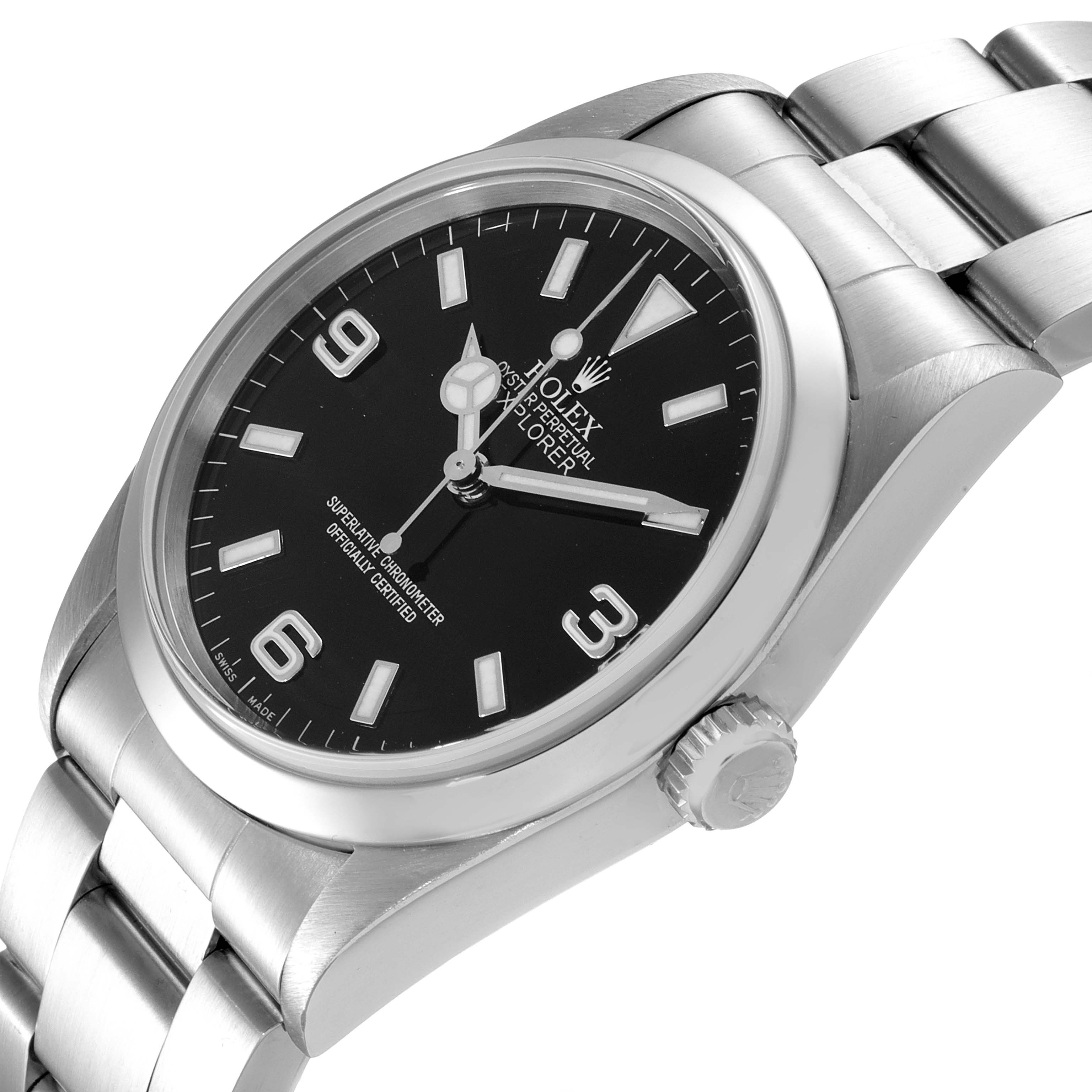 The image shows a Rolex Explorer 14270 Men's Stainless Steel Black Dial 14270 Men's Stainless Steel Black Dial watch at a slight angle, highlighting the face, crown, and part of the bracelet.