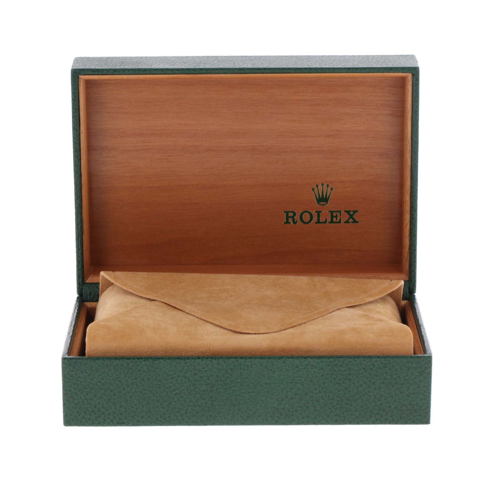 This image shows an open green Rolex watch box with an interior containing a tan pouch, specifically for the Explorer model.